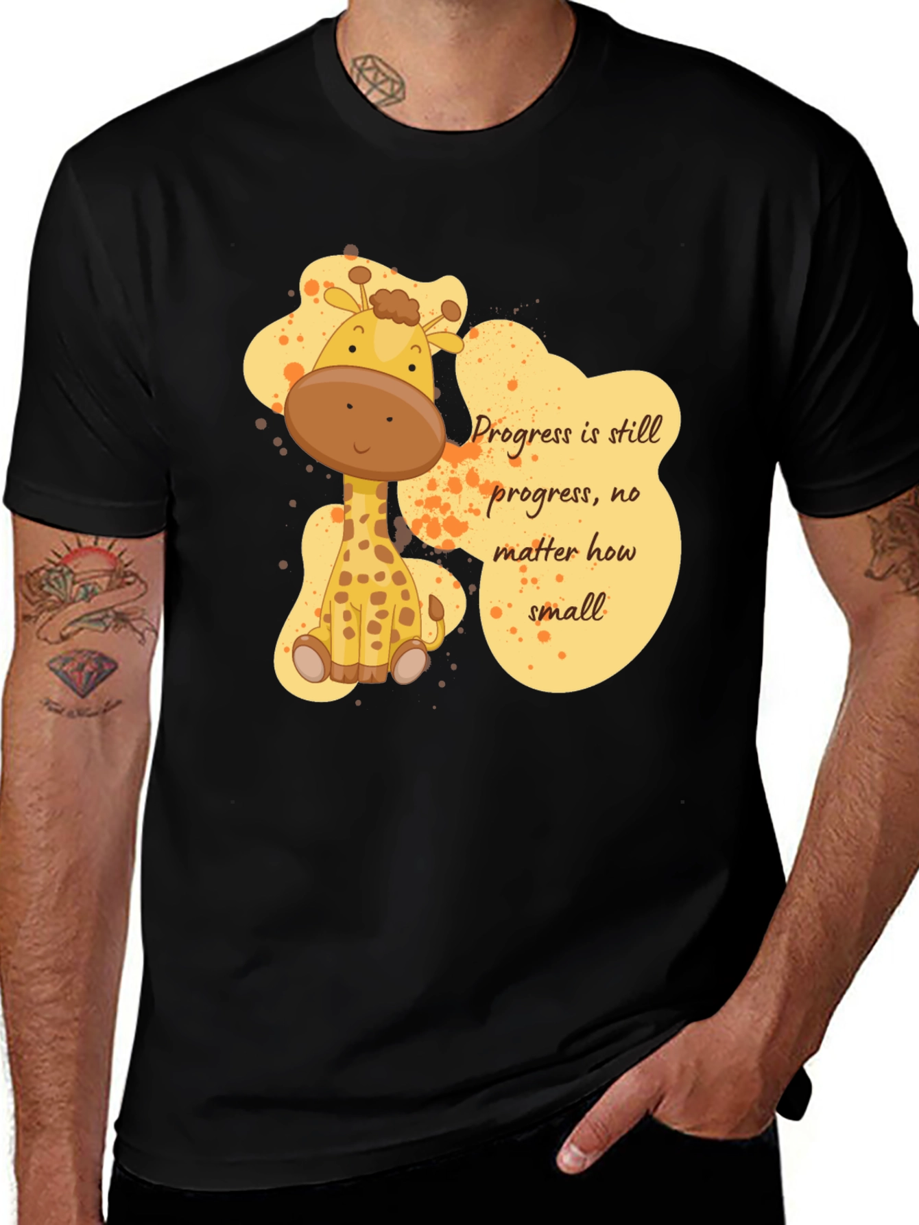 Cute Giraffe Progress Motivational Black T-Shirt