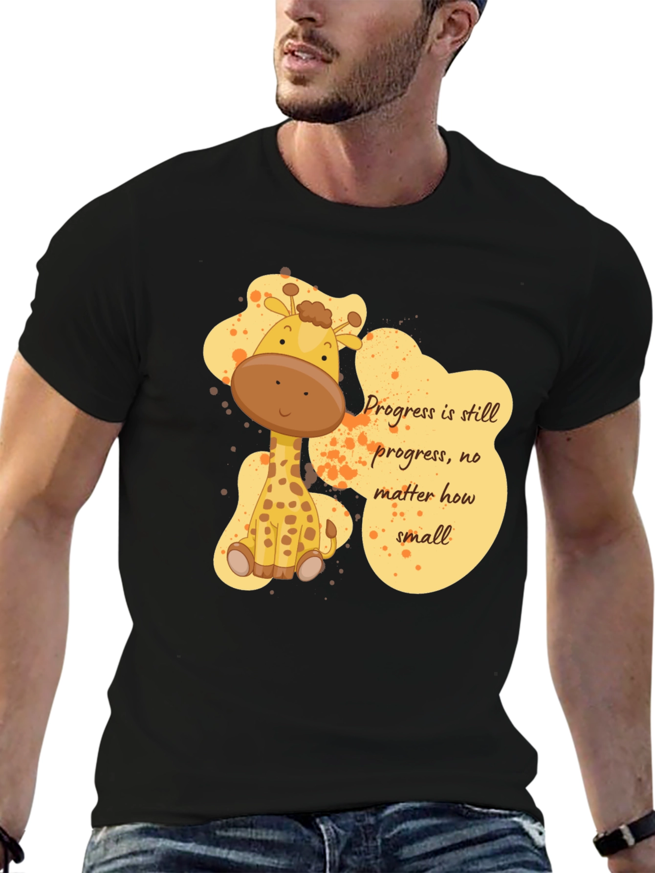 Cute Giraffe Progress Motivational Black T-Shirt