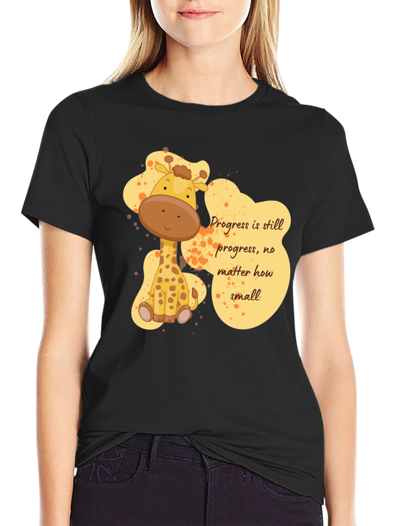 Cute Giraffe Progress Motivational Black T-Shirt