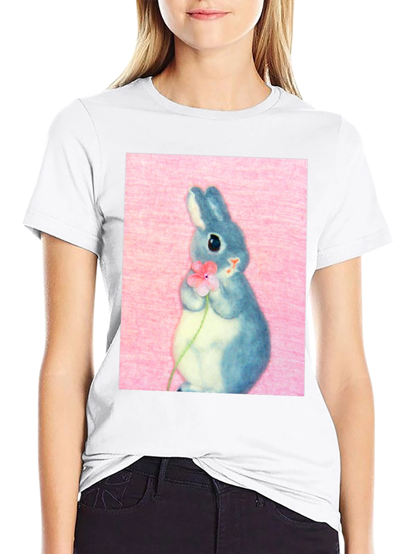 Cute Bunny Holding Flower Graphic Tee