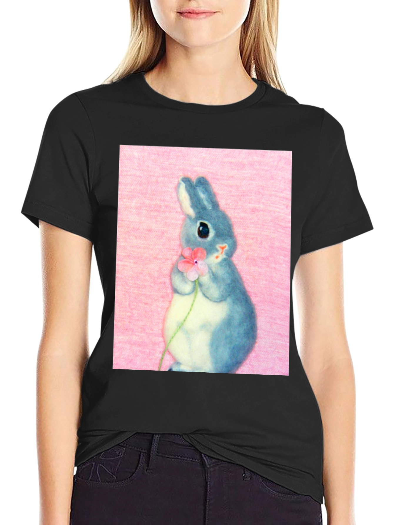 Cute Bunny Holding Flower Graphic Tee