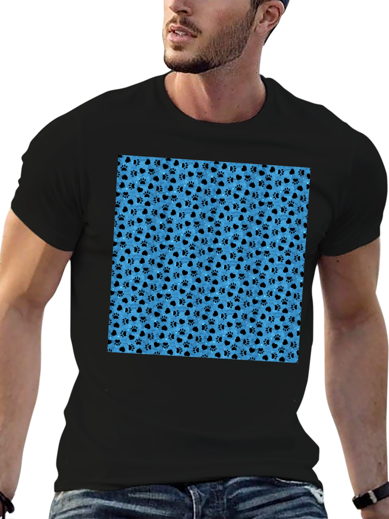 Paw Print Pattern Mens Black T-Shirt