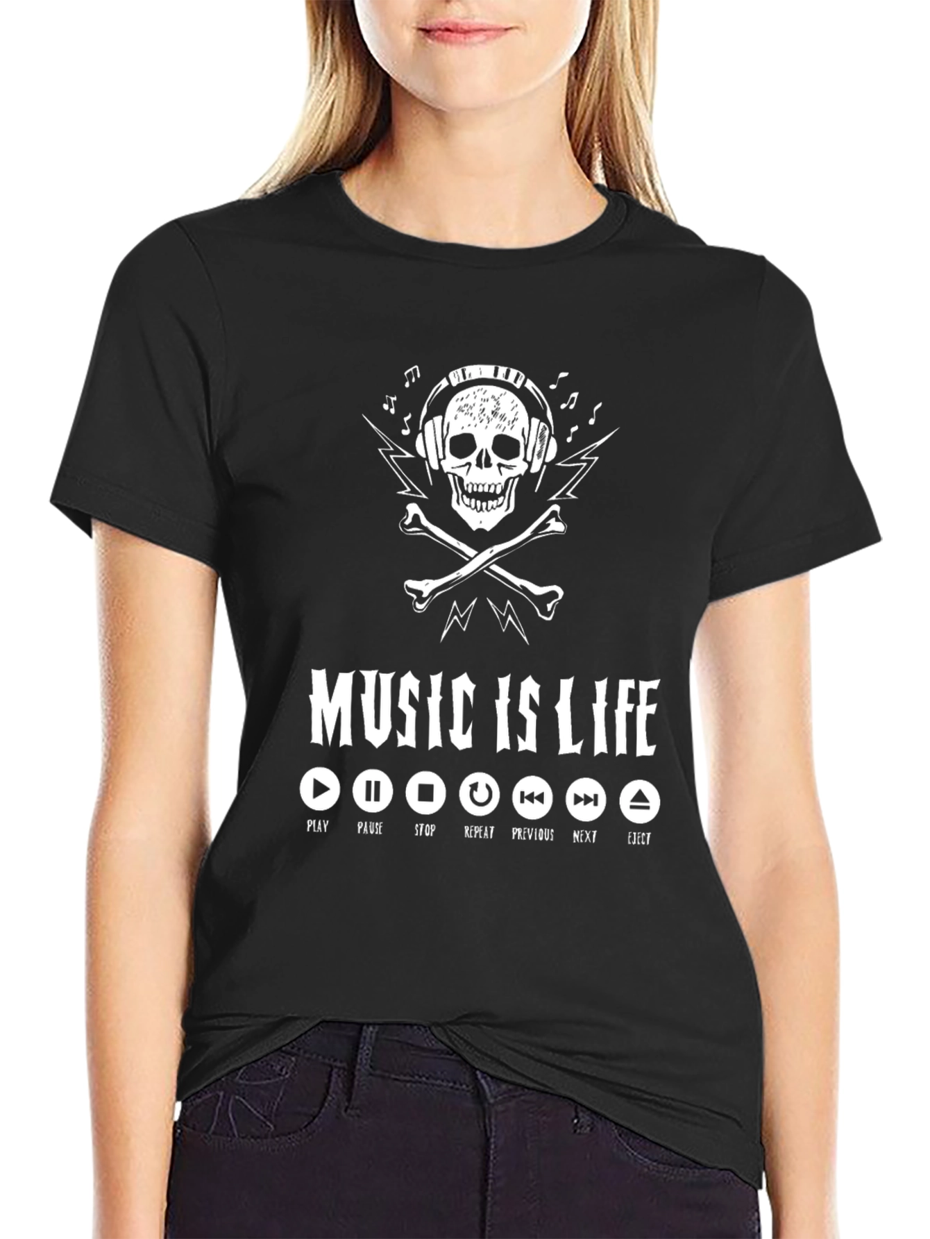 Music is Life Skull Graphic T-Shirt
