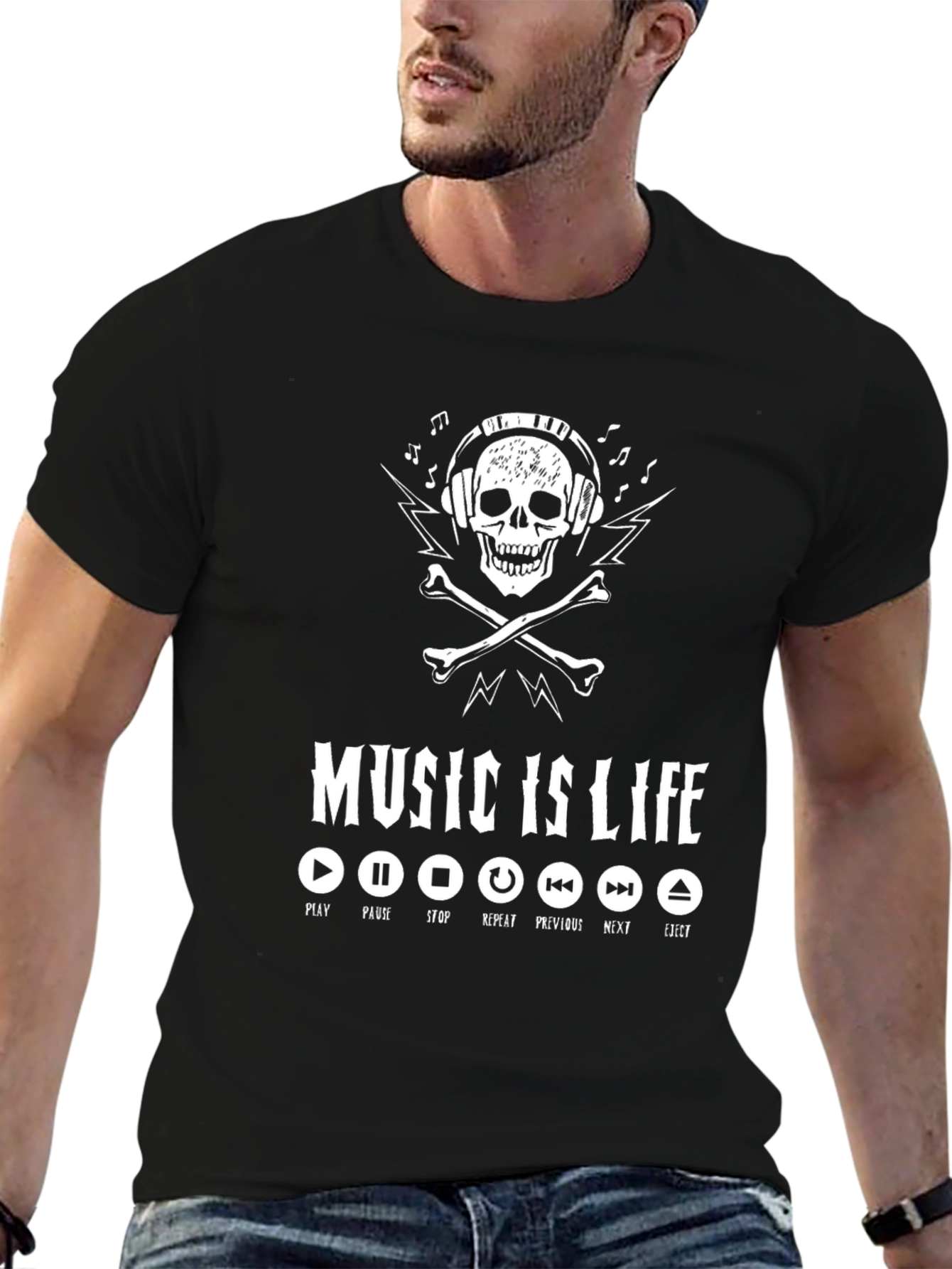 Music is Life Skull Graphic T-Shirt