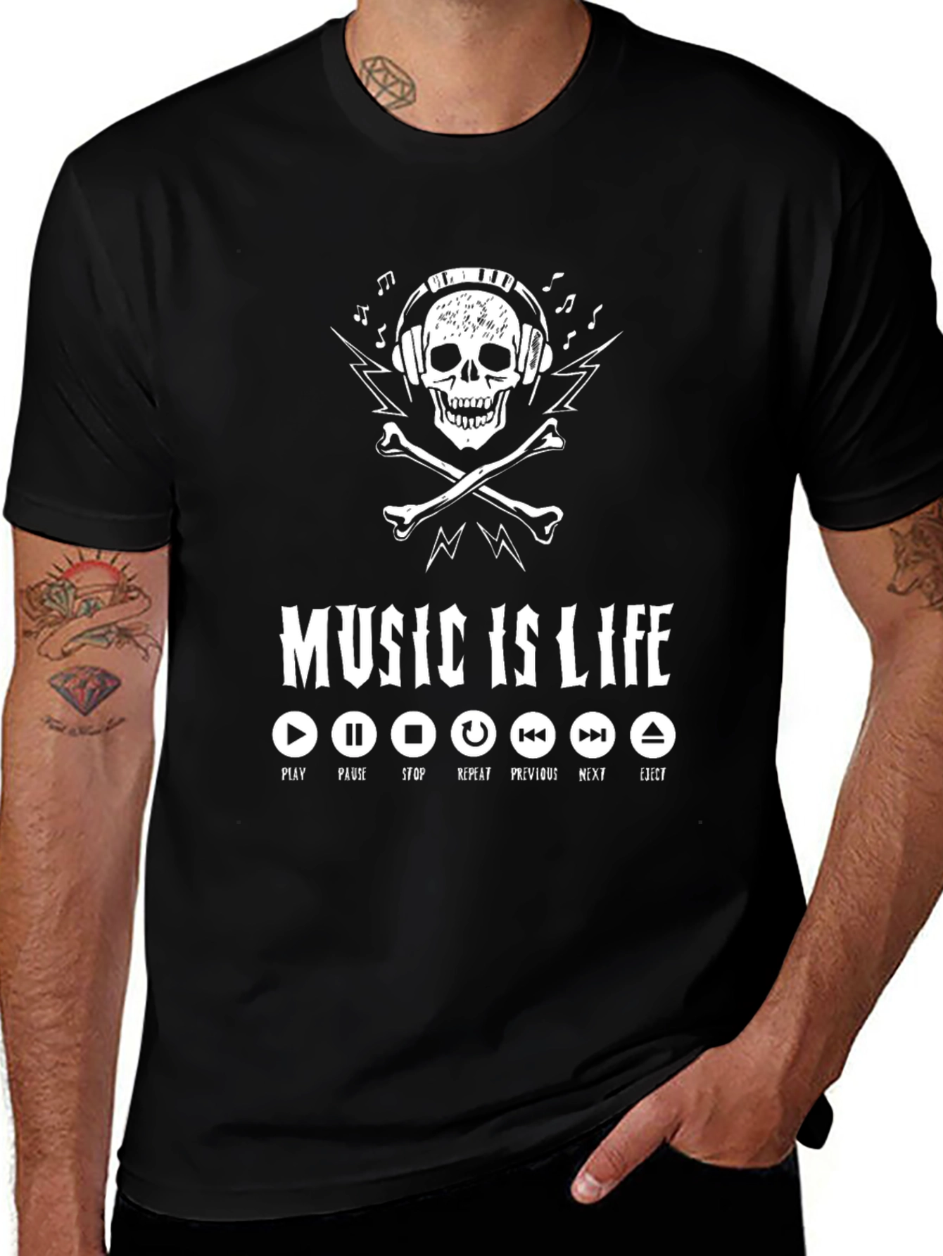 Music is Life Skull Graphic T-Shirt