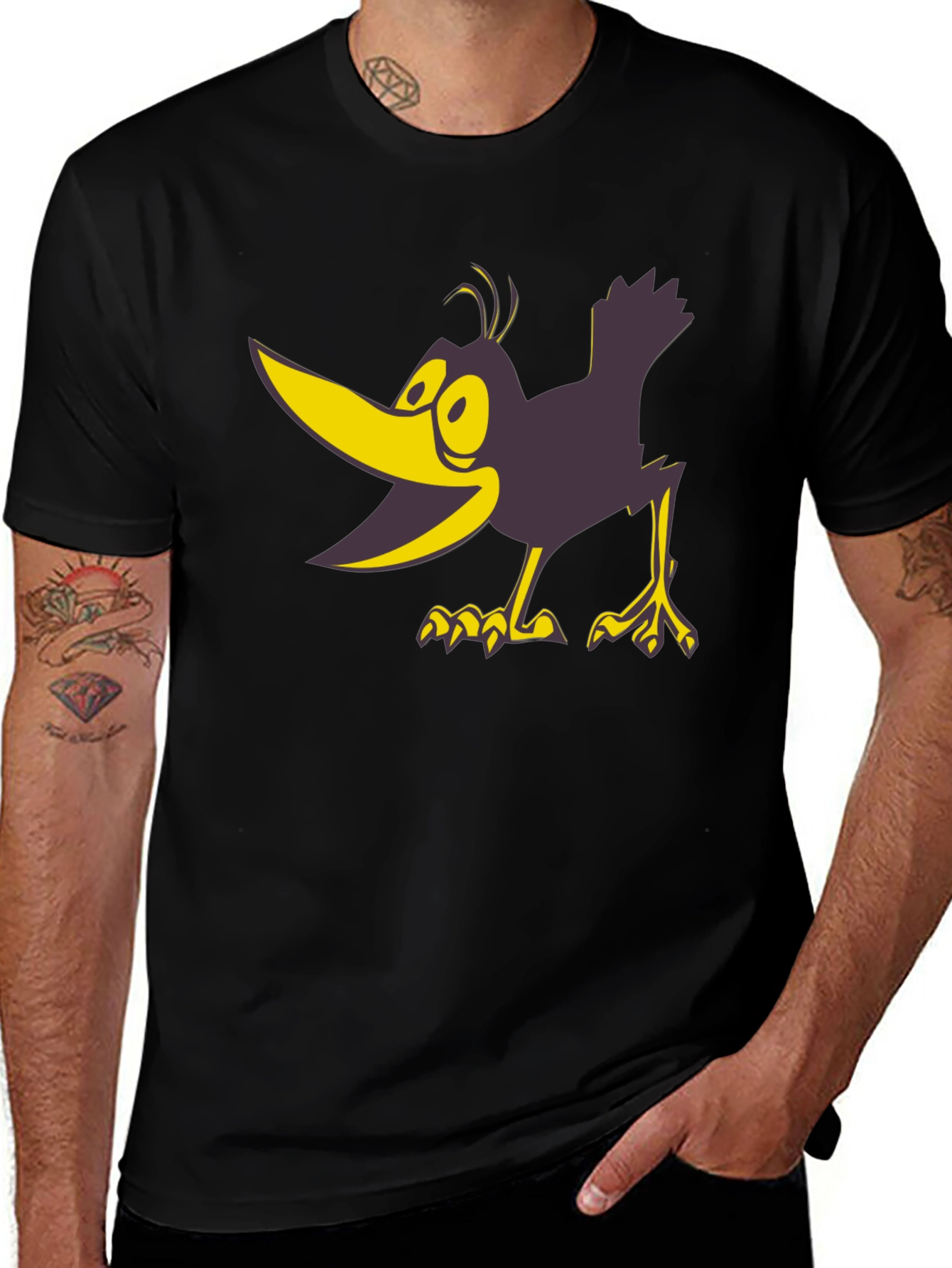 Cartoon Crow Graphic Tee - Black Crew Neck