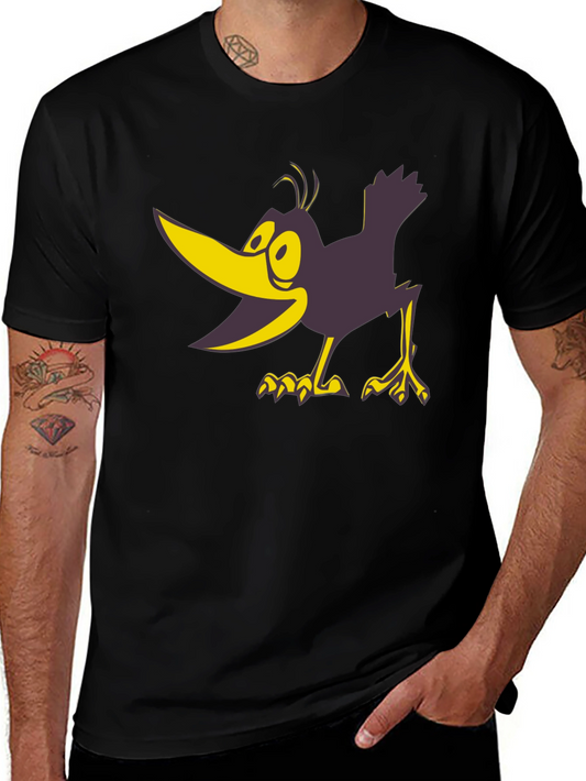 Cartoon Crow Graphic Tee - Black Crew Neck