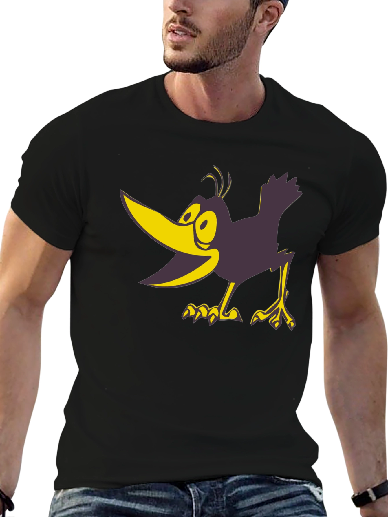 Cartoon Crow Graphic Tee - Black Crew Neck