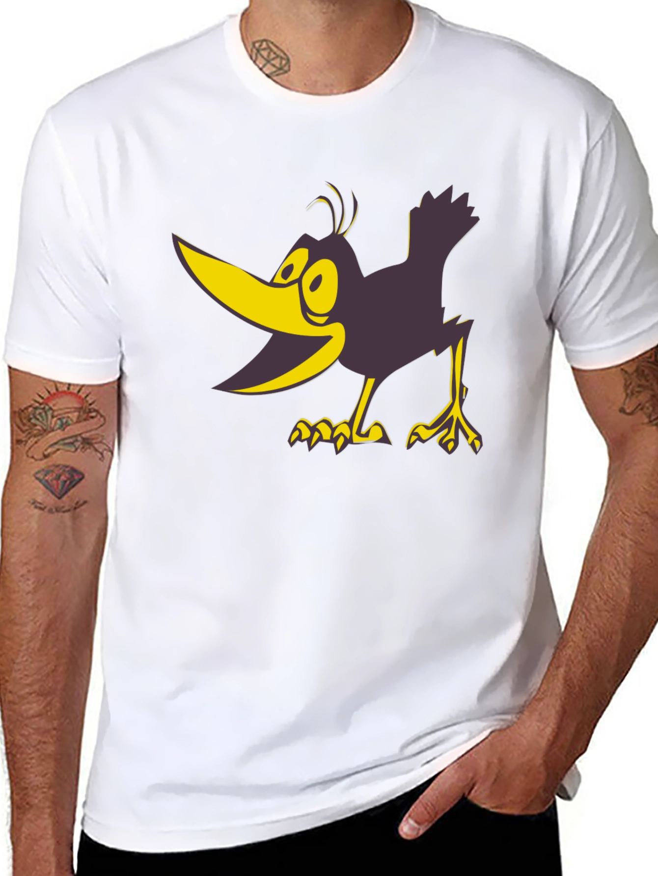 Cartoon Crow Graphic Tee - Black Crew Neck