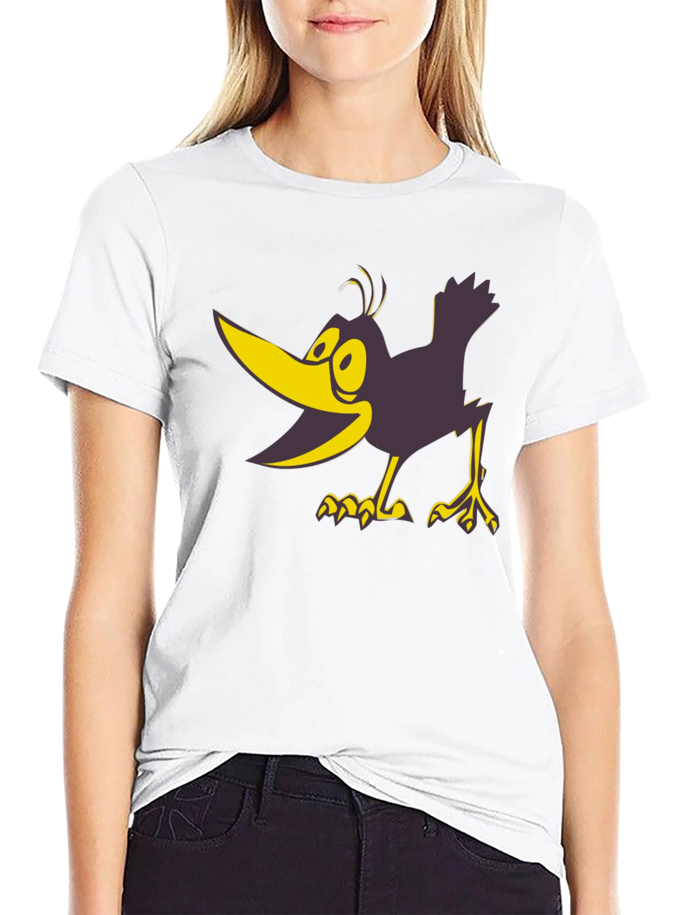 Cartoon Crow Graphic Tee - Black Crew Neck