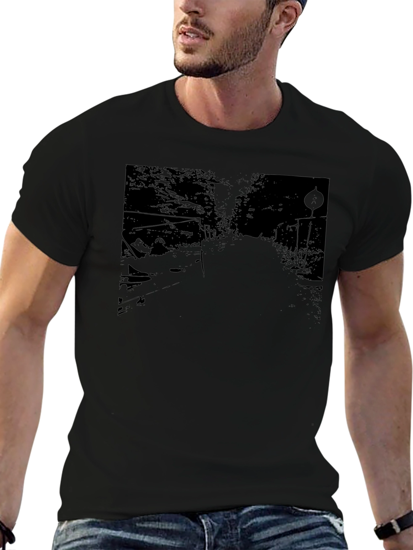 Mens Black Graphic Tee - Road Scene Design