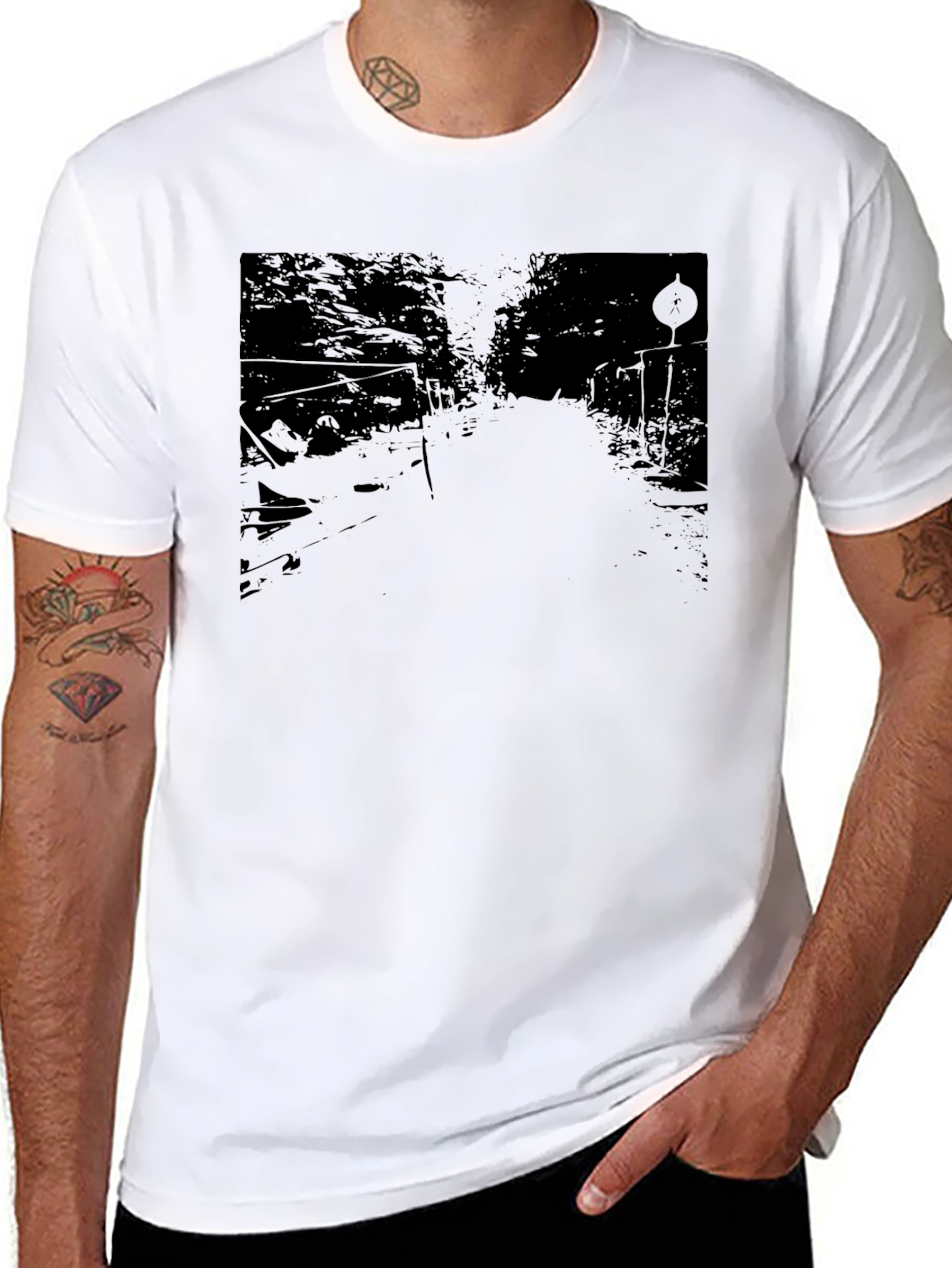 Mens Black Graphic Tee - Road Scene Design