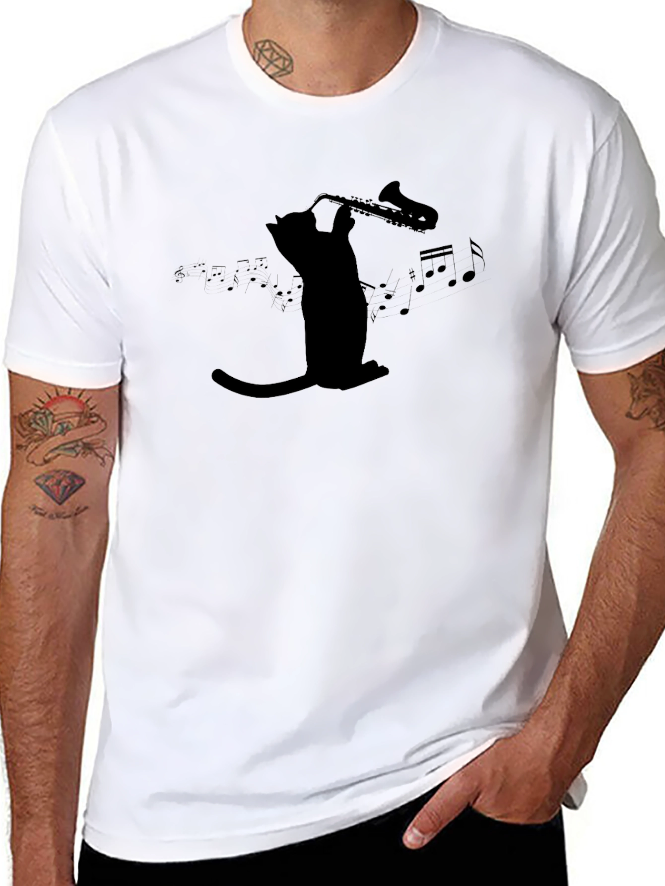 Cat Saxophone Black Graphic Tee
