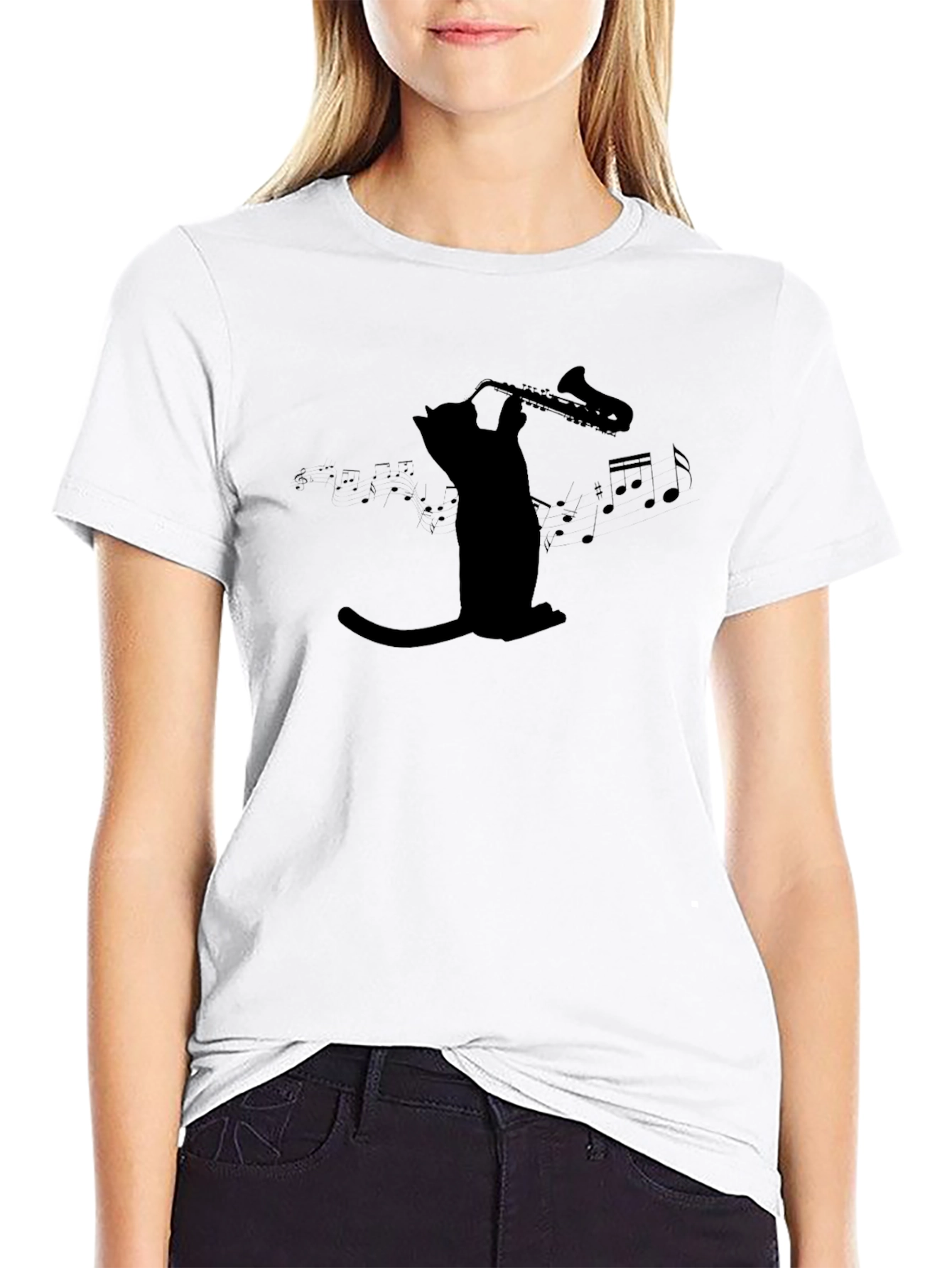 Cat Saxophone Black Graphic Tee