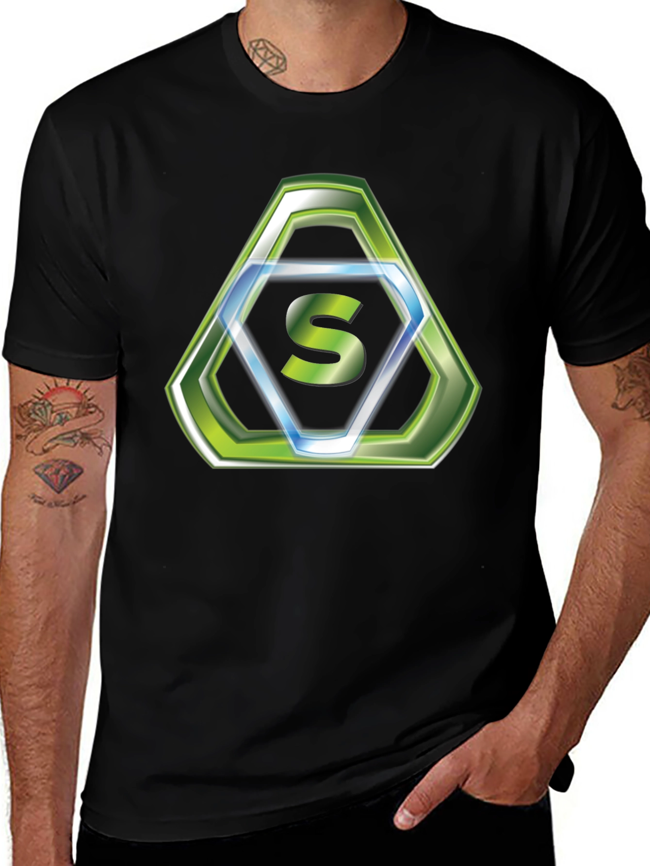 Stylish Black T-Shirt with Green Hexagon S Logo