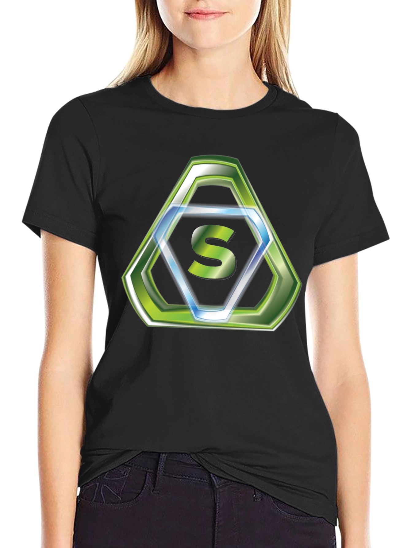 Stylish Black T-Shirt with Green Hexagon S Logo