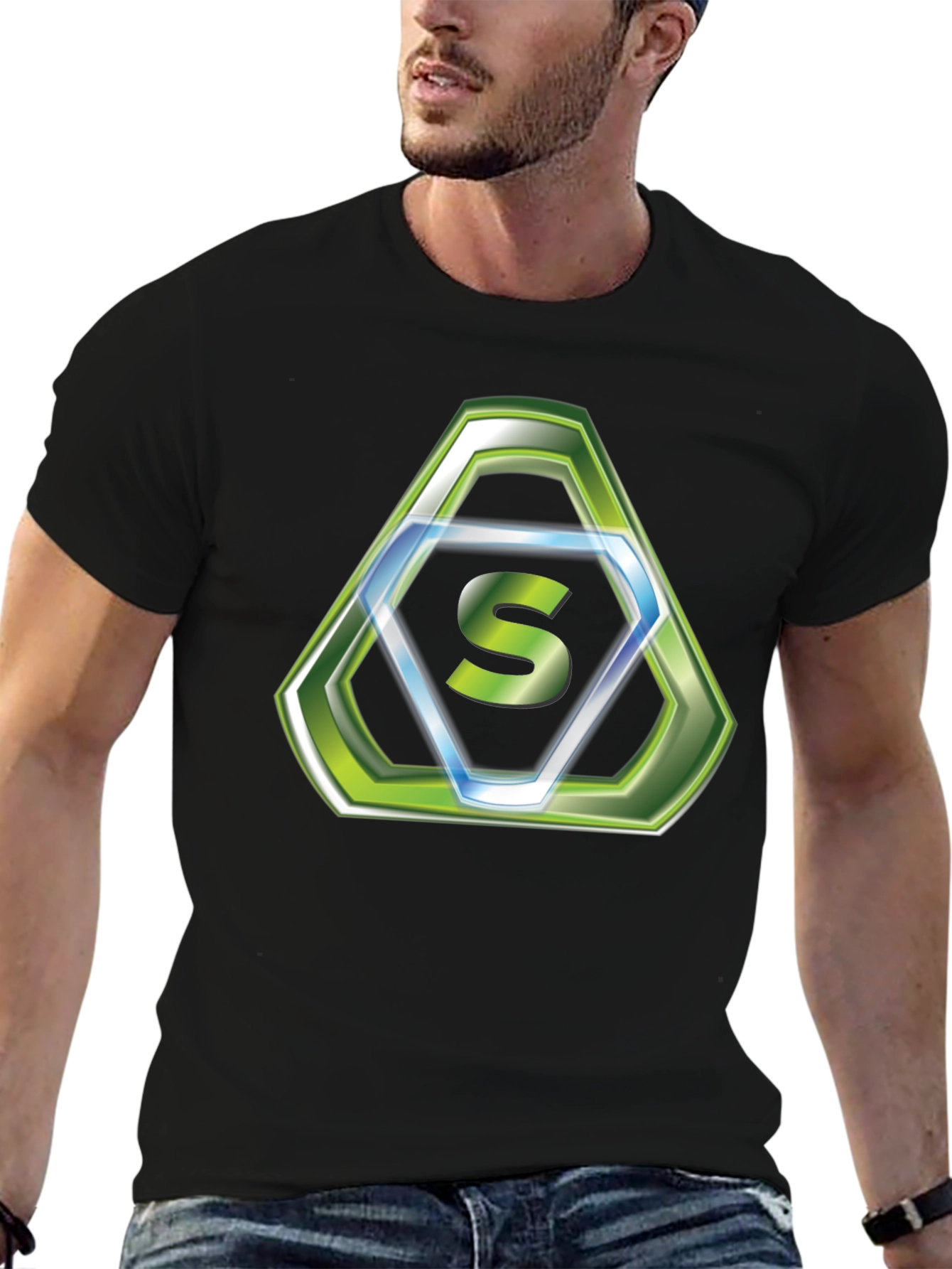 Stylish Black T-Shirt with Green Hexagon S Logo