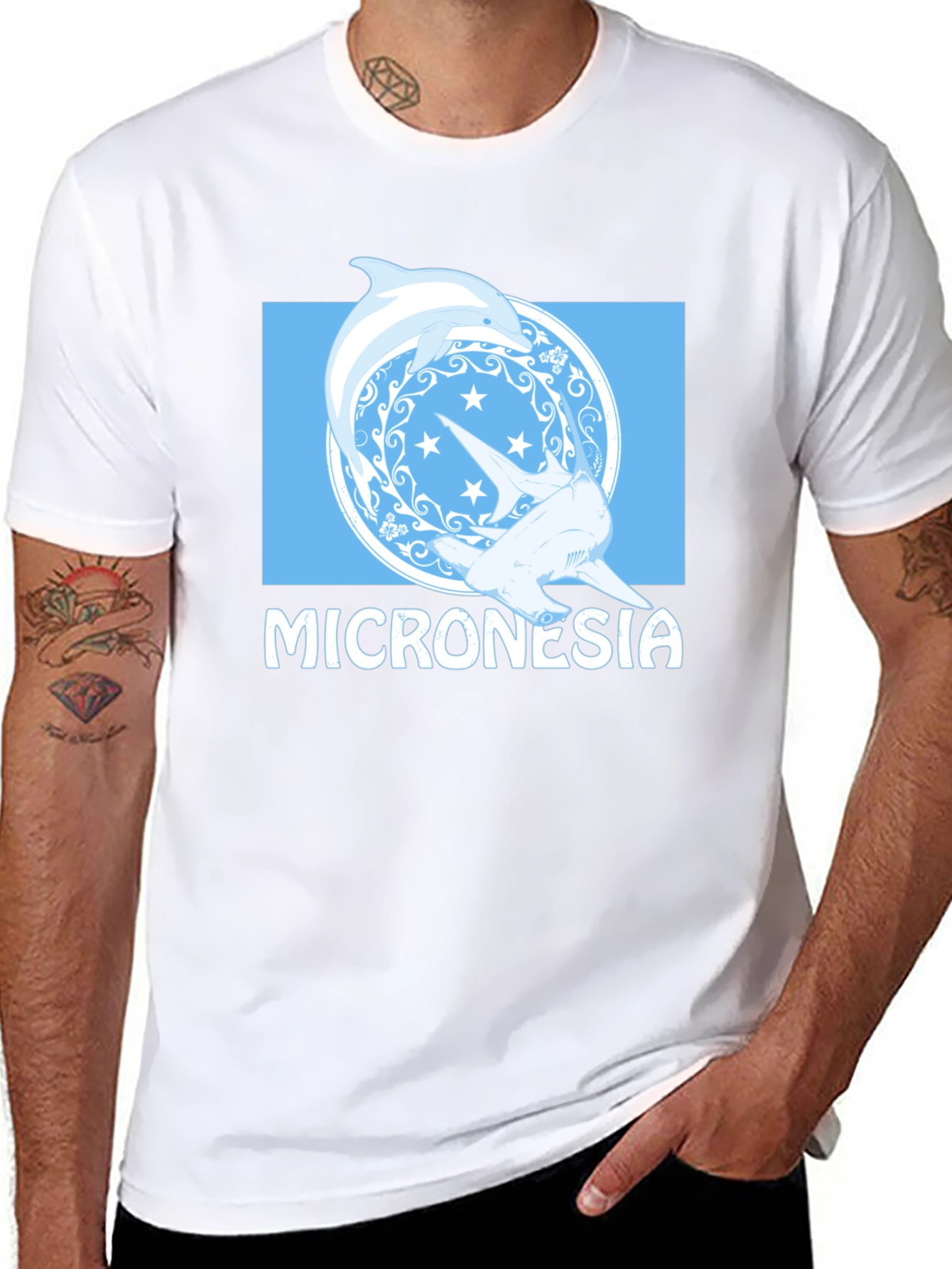 Micronesia Dolphin Shark Graphic Tee - Black Cotton T-Shirt