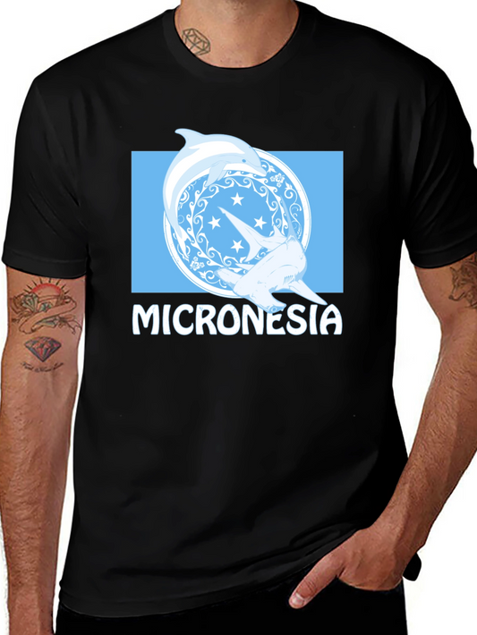 Micronesia Dolphin Shark Graphic Tee - Black Cotton T-Shirt