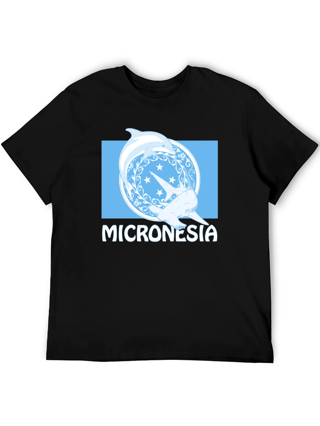 Micronesia Dolphin Shark Graphic Tee - Black Cotton T-Shirt