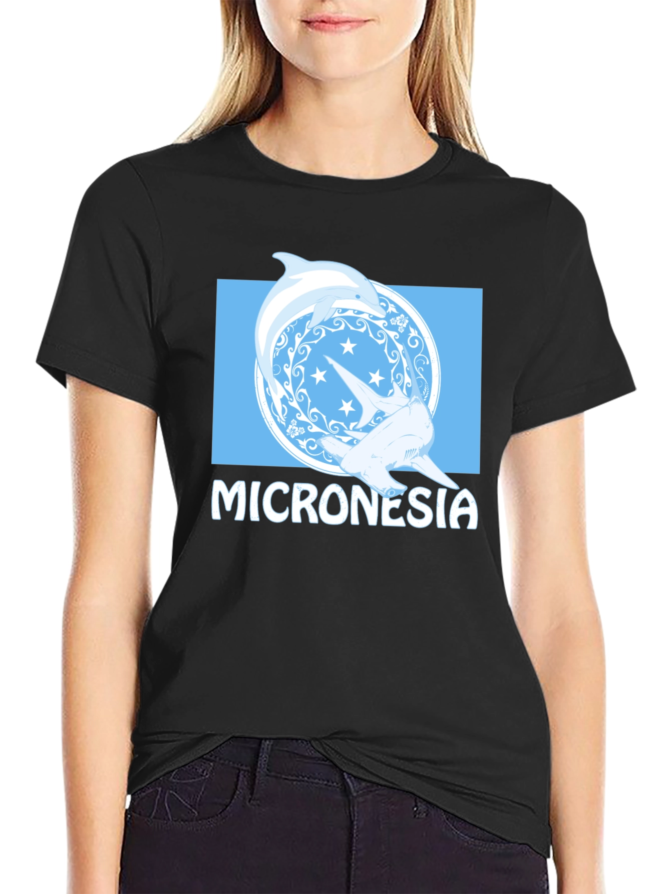 Micronesia Dolphin Shark Graphic Tee - Black Cotton T-Shirt