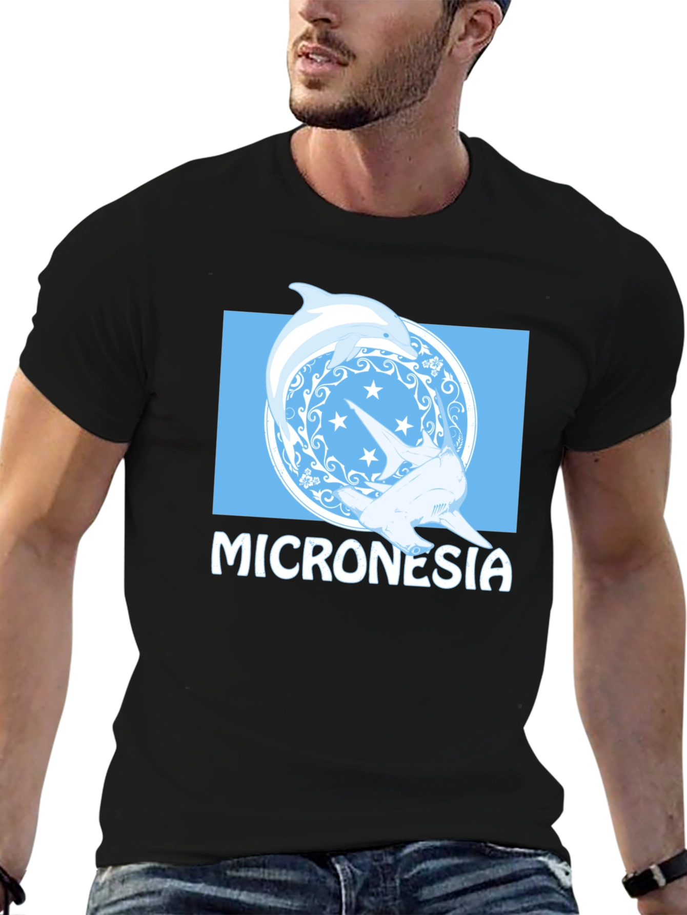Micronesia Dolphin Shark Graphic Tee - Black Cotton T-Shirt