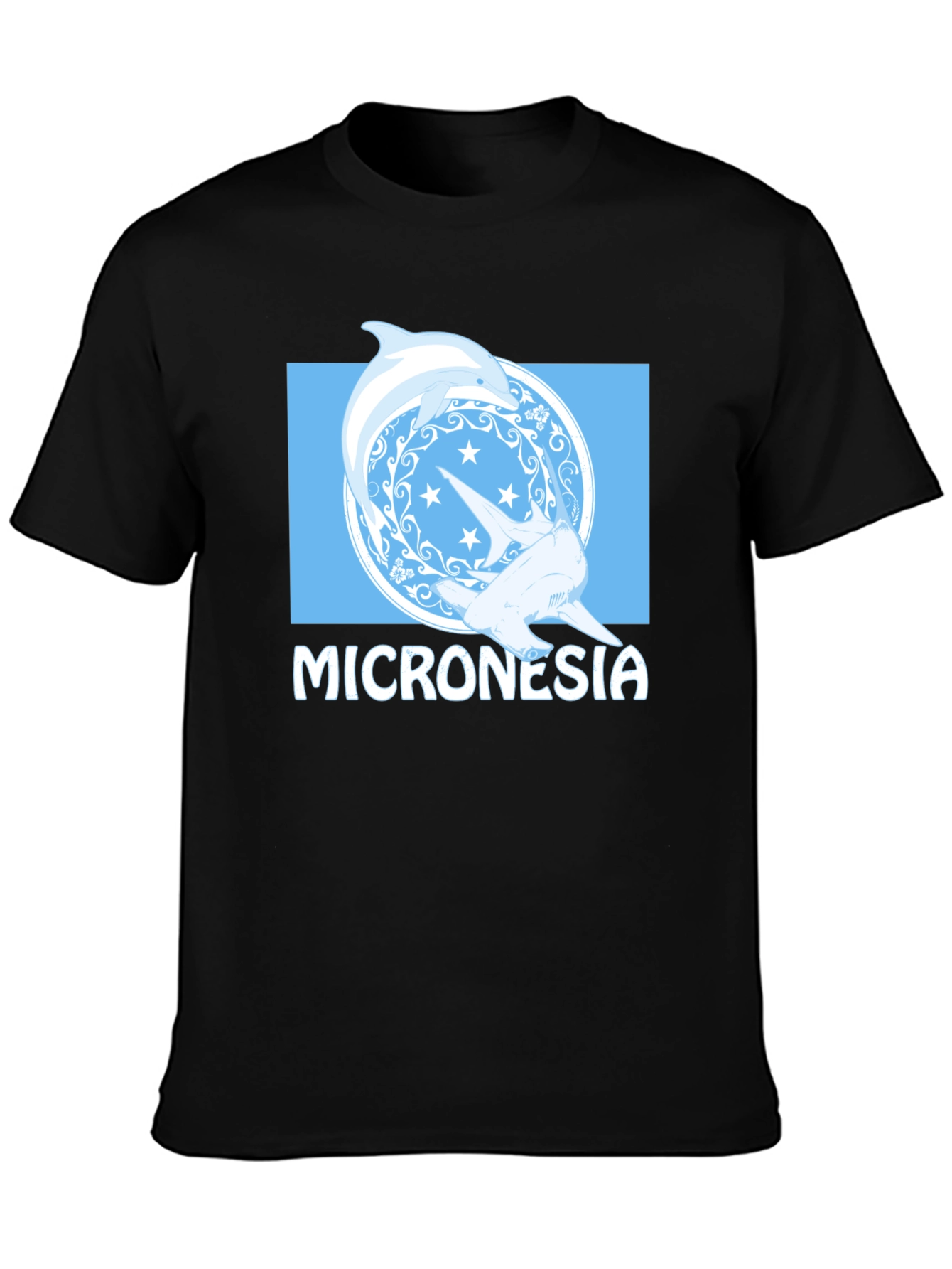 Micronesia Dolphin Shark Graphic Tee - Black Cotton T-Shirt