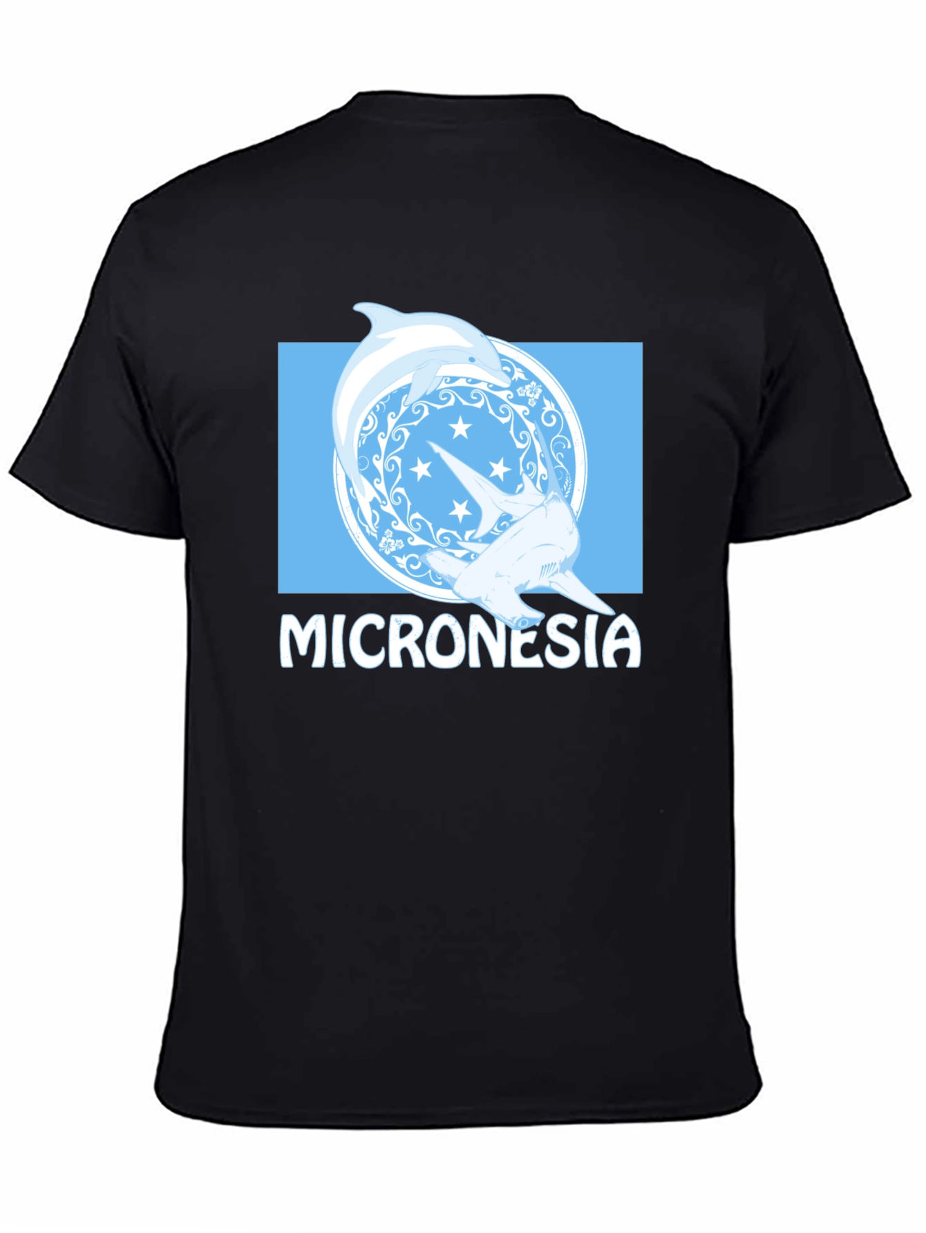 Micronesia Dolphin Shark Graphic Tee - Black Cotton T-Shirt