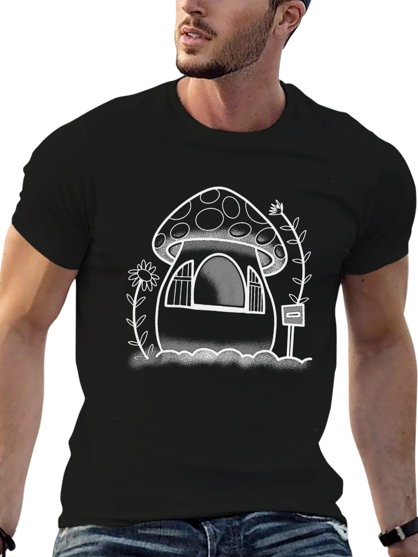 Mushroom House Graphic Tee - Quirky Black T-Shirt
