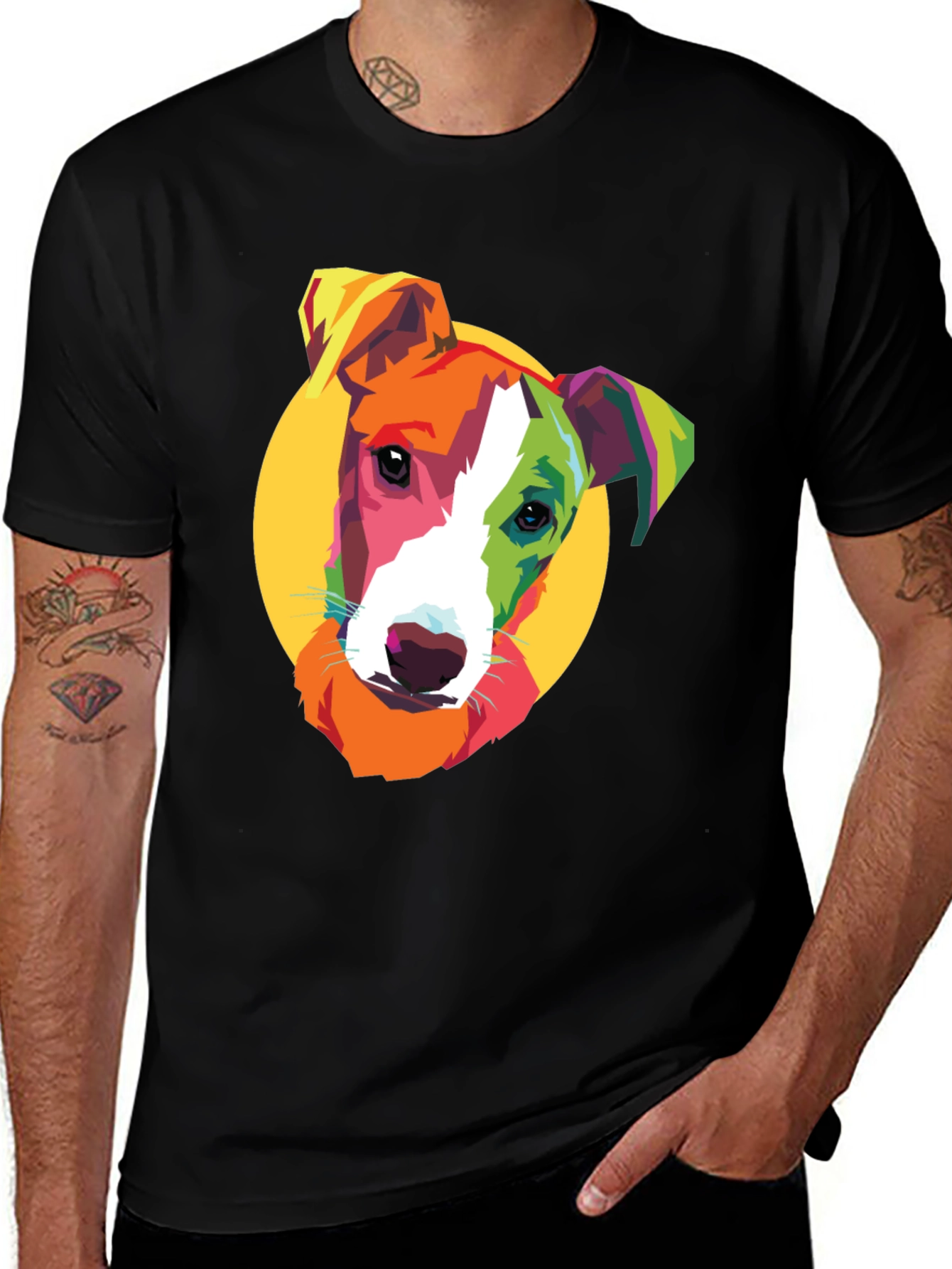 Pop Art Dog Graphic Tee - Black Cotton T-Shirt