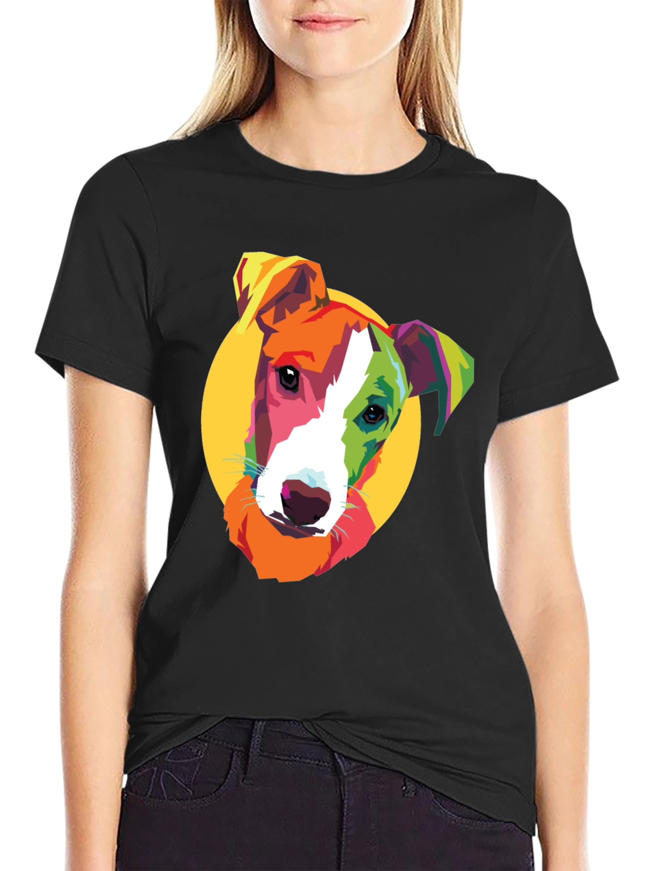 Pop Art Dog Graphic Tee - Black Cotton T-Shirt