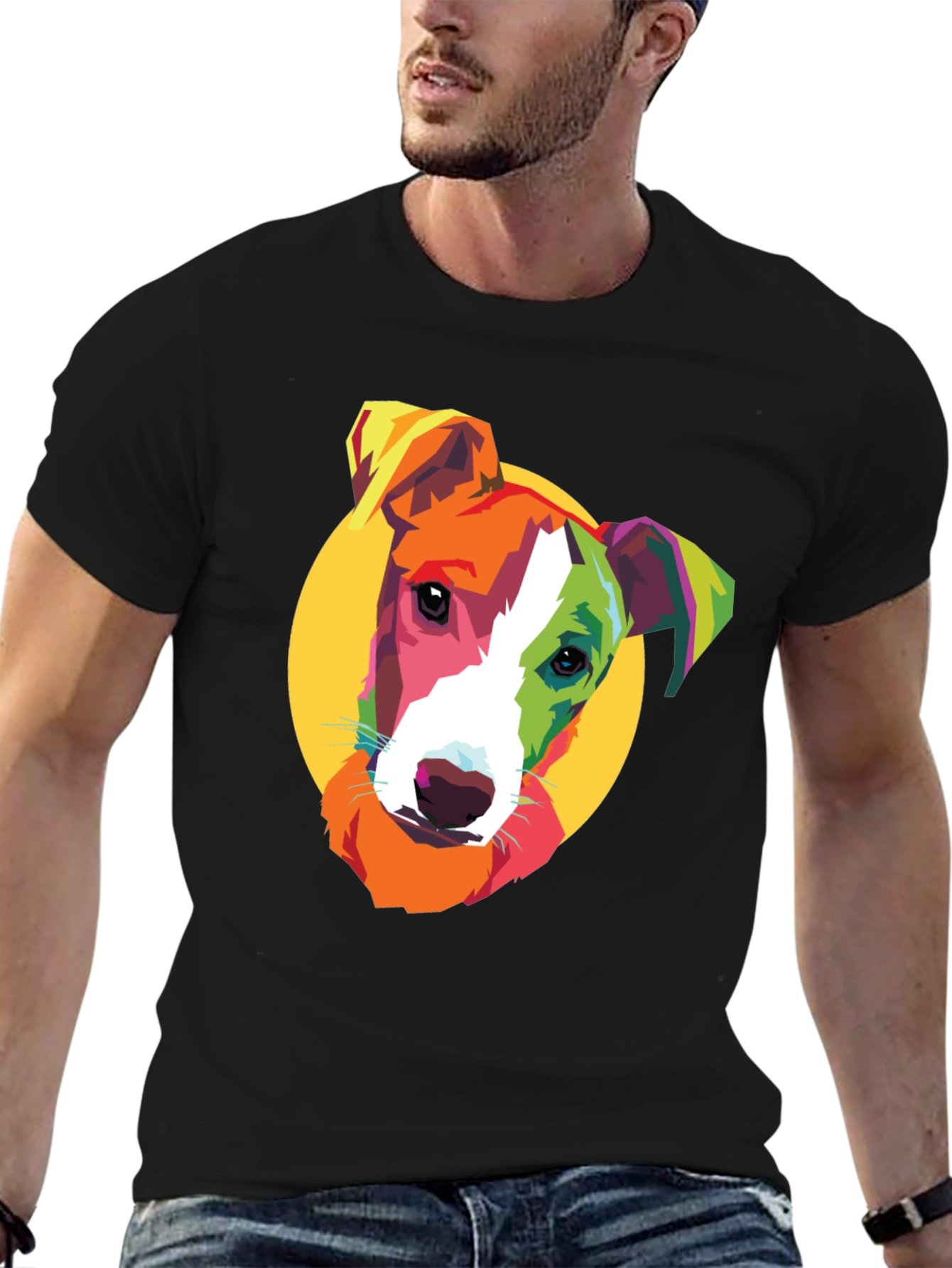 Pop Art Dog Graphic Tee - Black Cotton T-Shirt