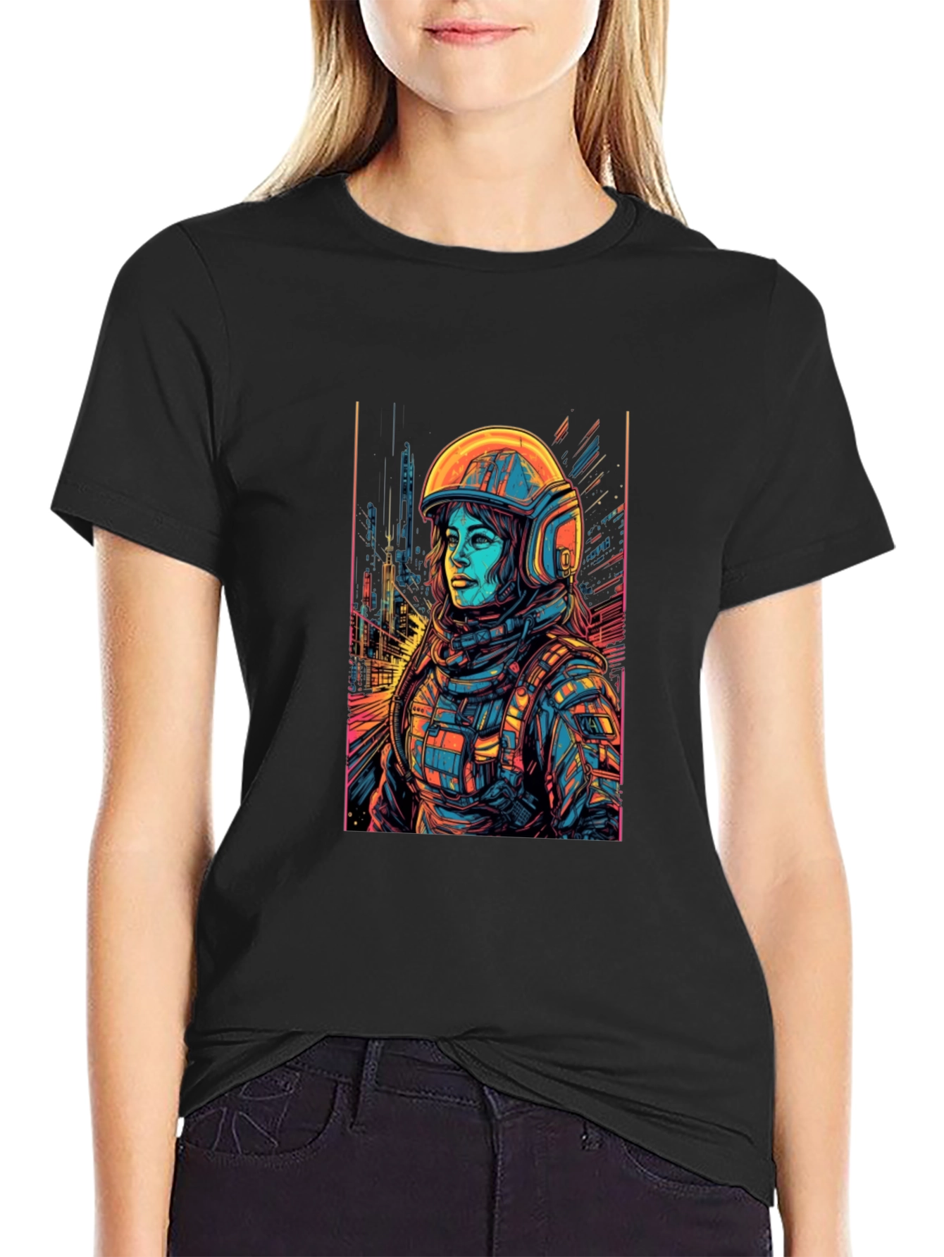 Sci-Fi Astronaut Graphic Tee - Black Cotton Comfort