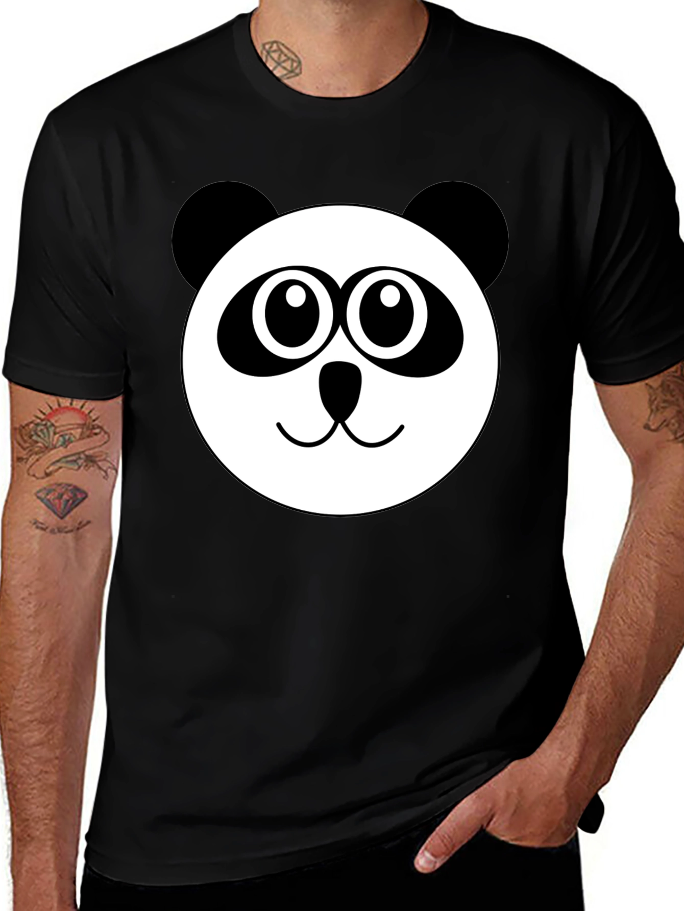 Cute Panda Face Graphic Black T-Shirt