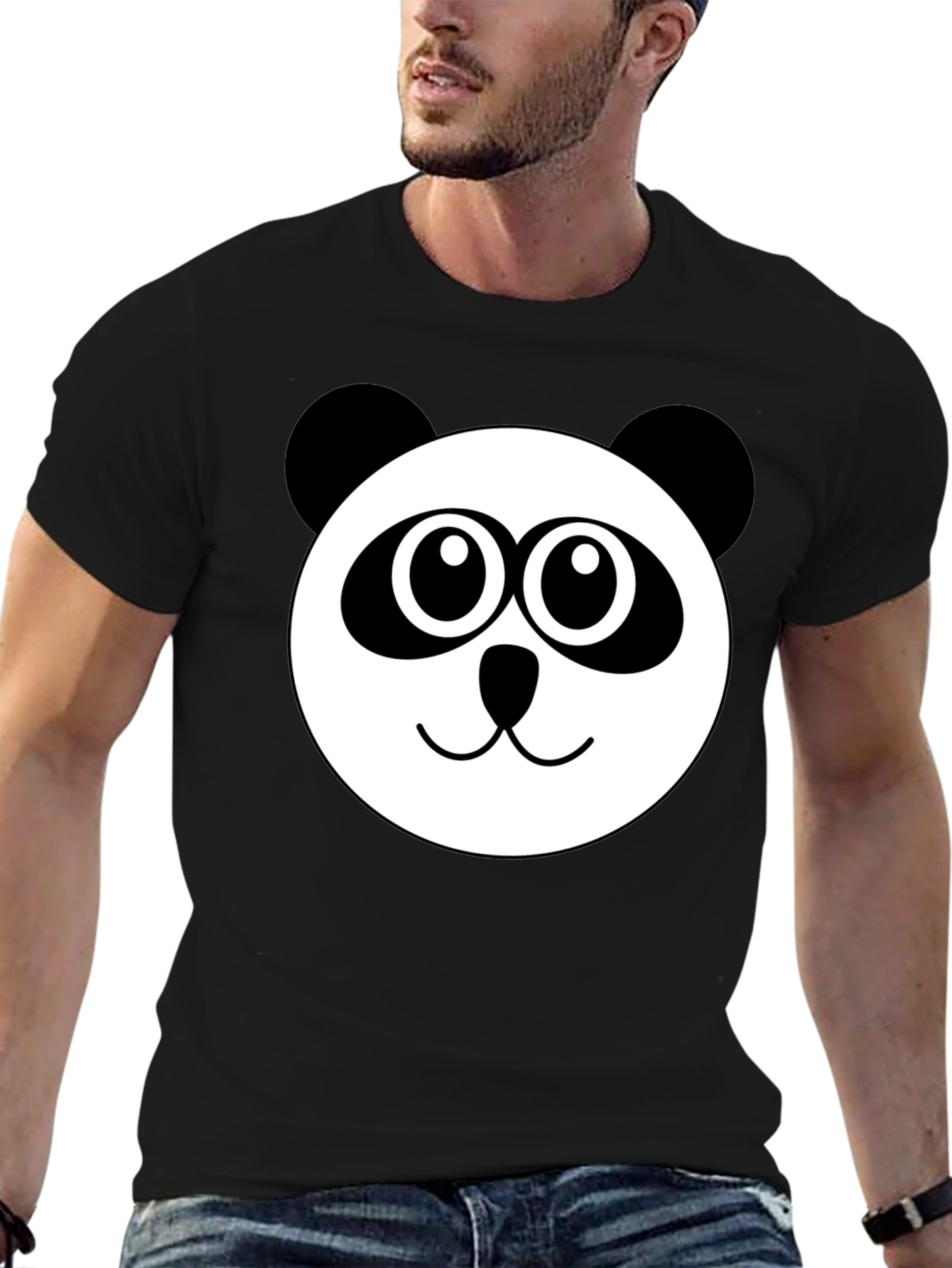 Cute Panda Face Graphic Black T-Shirt