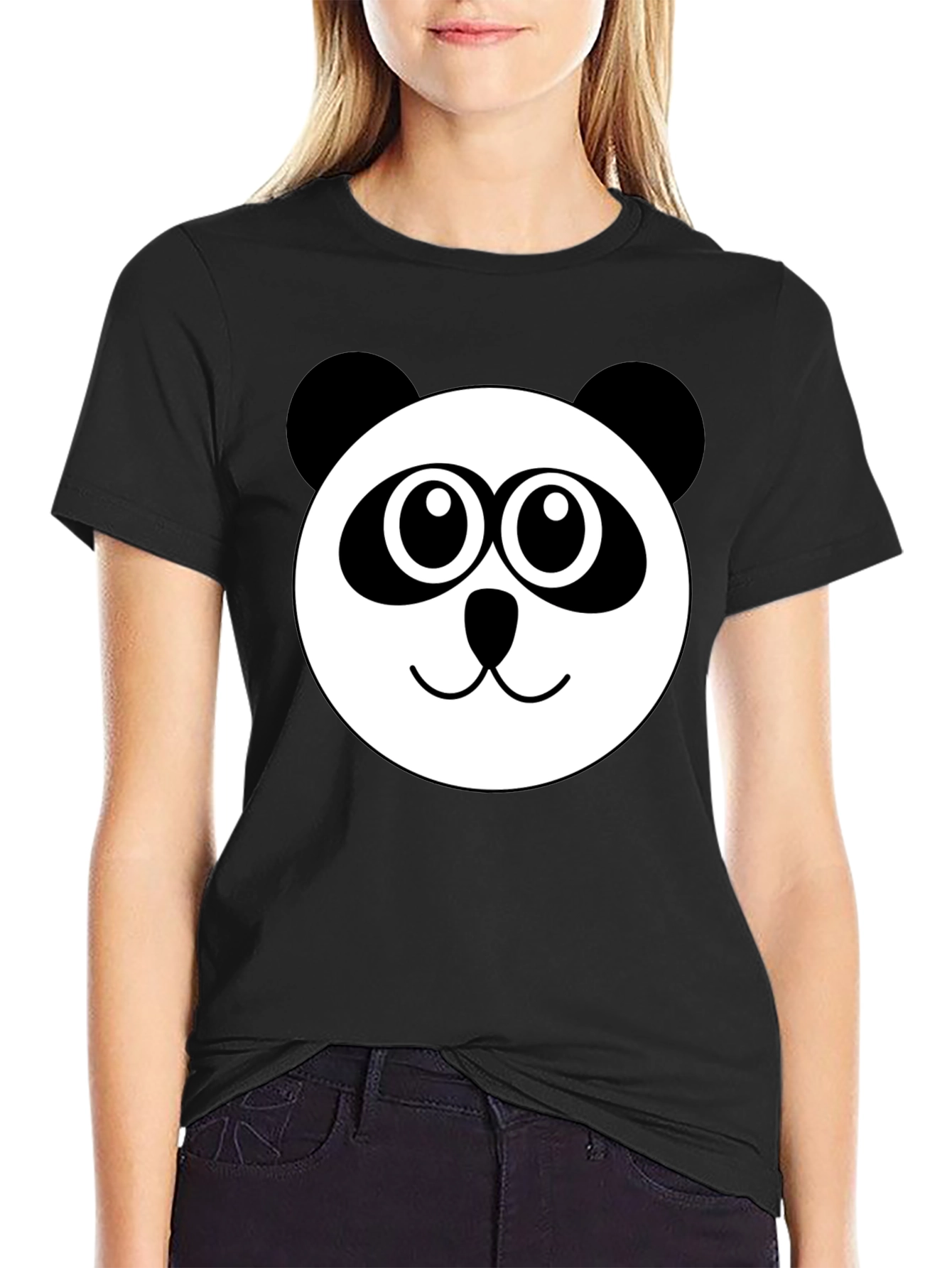 Cute Panda Face Graphic Black T-Shirt