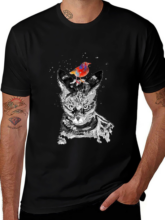 Cat & Bird Watercolor Graphic T-Shirt