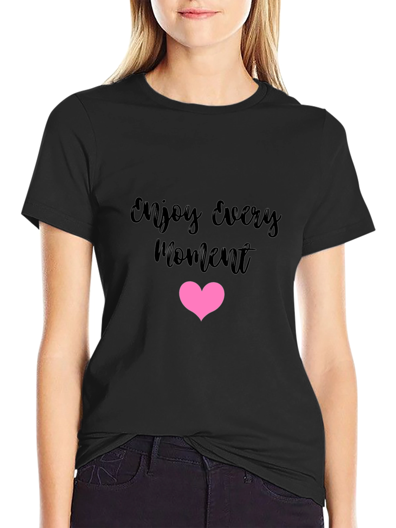 Enjoy Every Moment Black Tee with Pink Heart