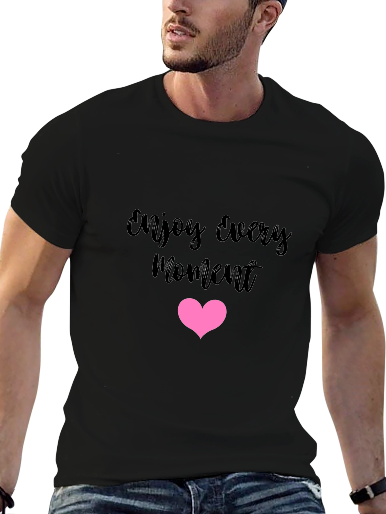 Enjoy Every Moment Black Tee with Pink Heart