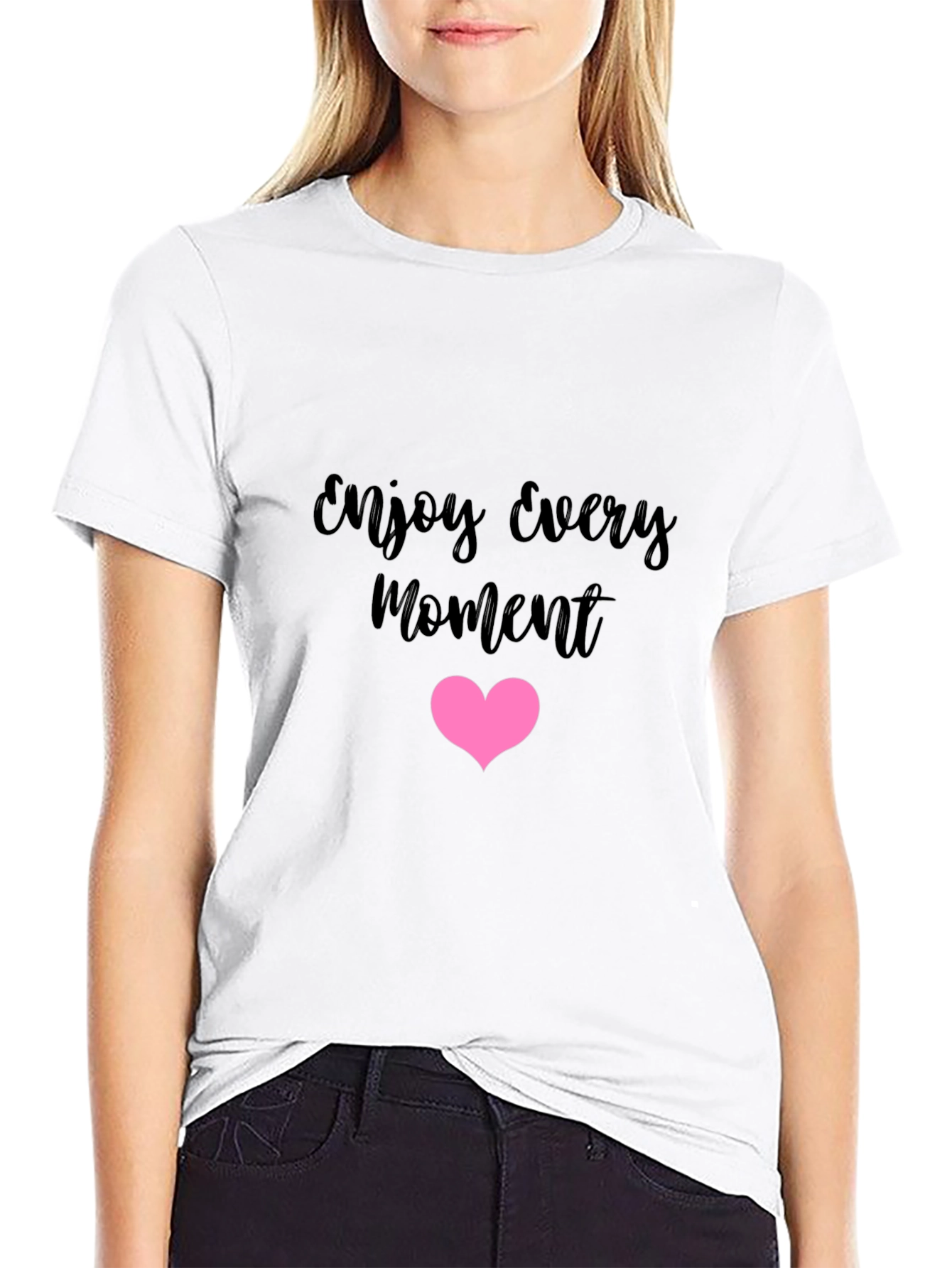 Enjoy Every Moment Black Tee with Pink Heart