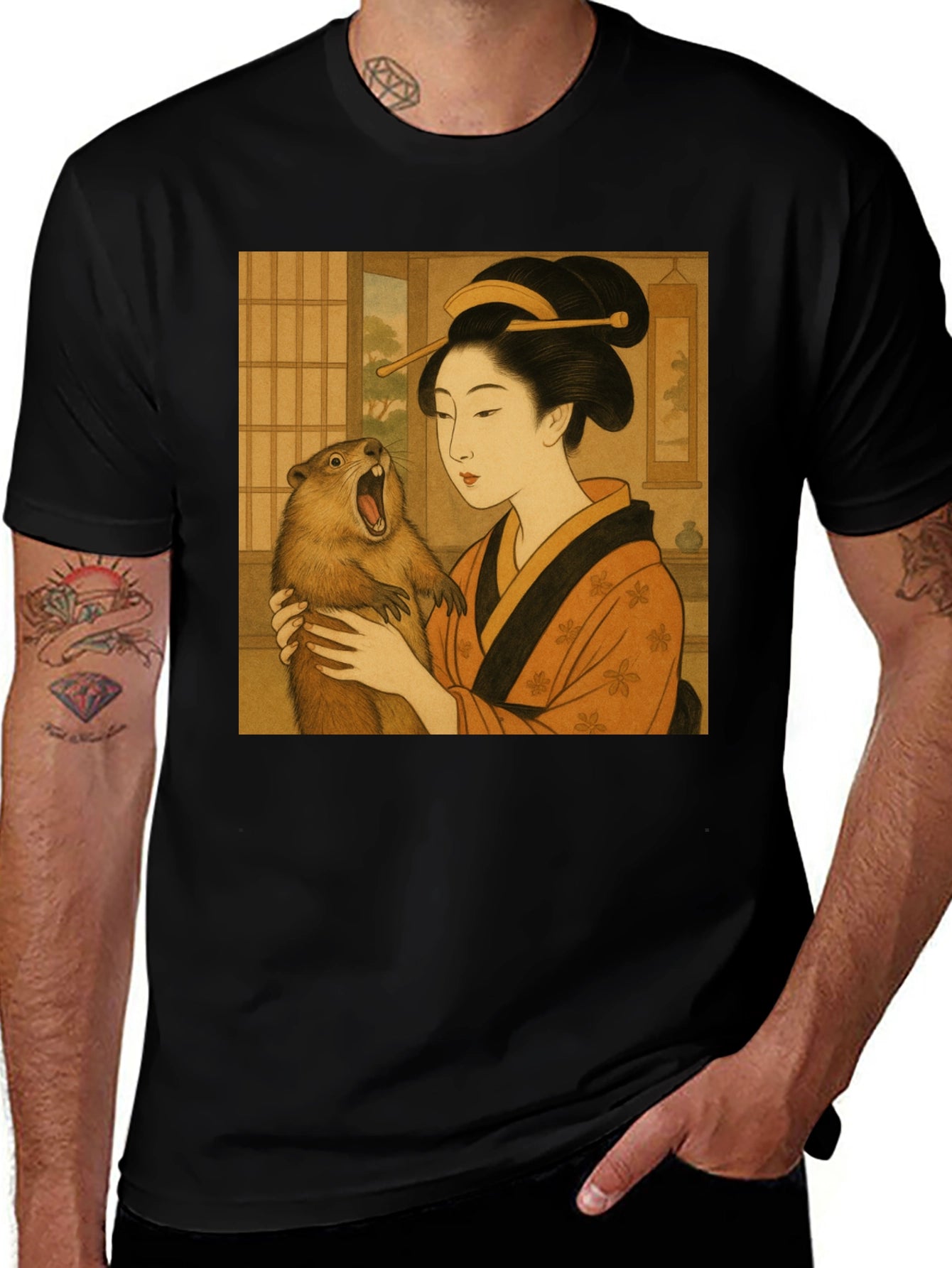 Geisha & Beaver Graphic Tee - Unique Art T-Shirt