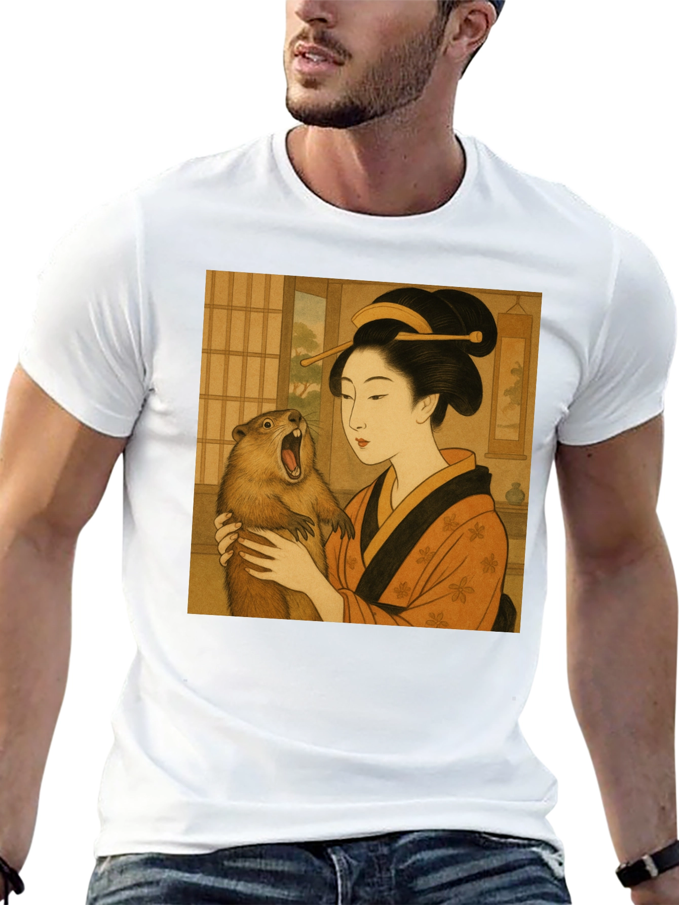 Geisha & Beaver Graphic Tee - Unique Art T-Shirt