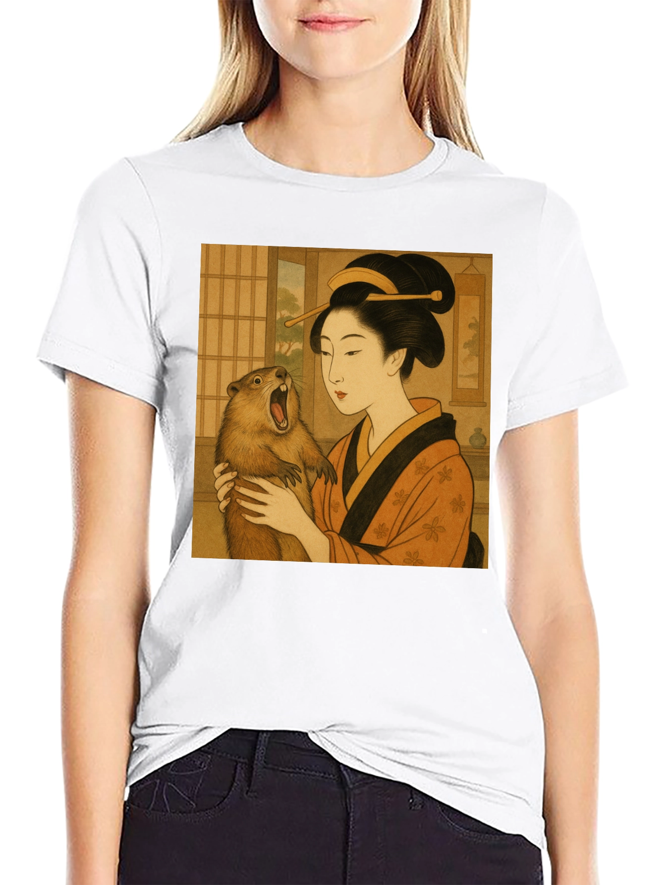 Geisha & Beaver Graphic Tee - Unique Art T-Shirt