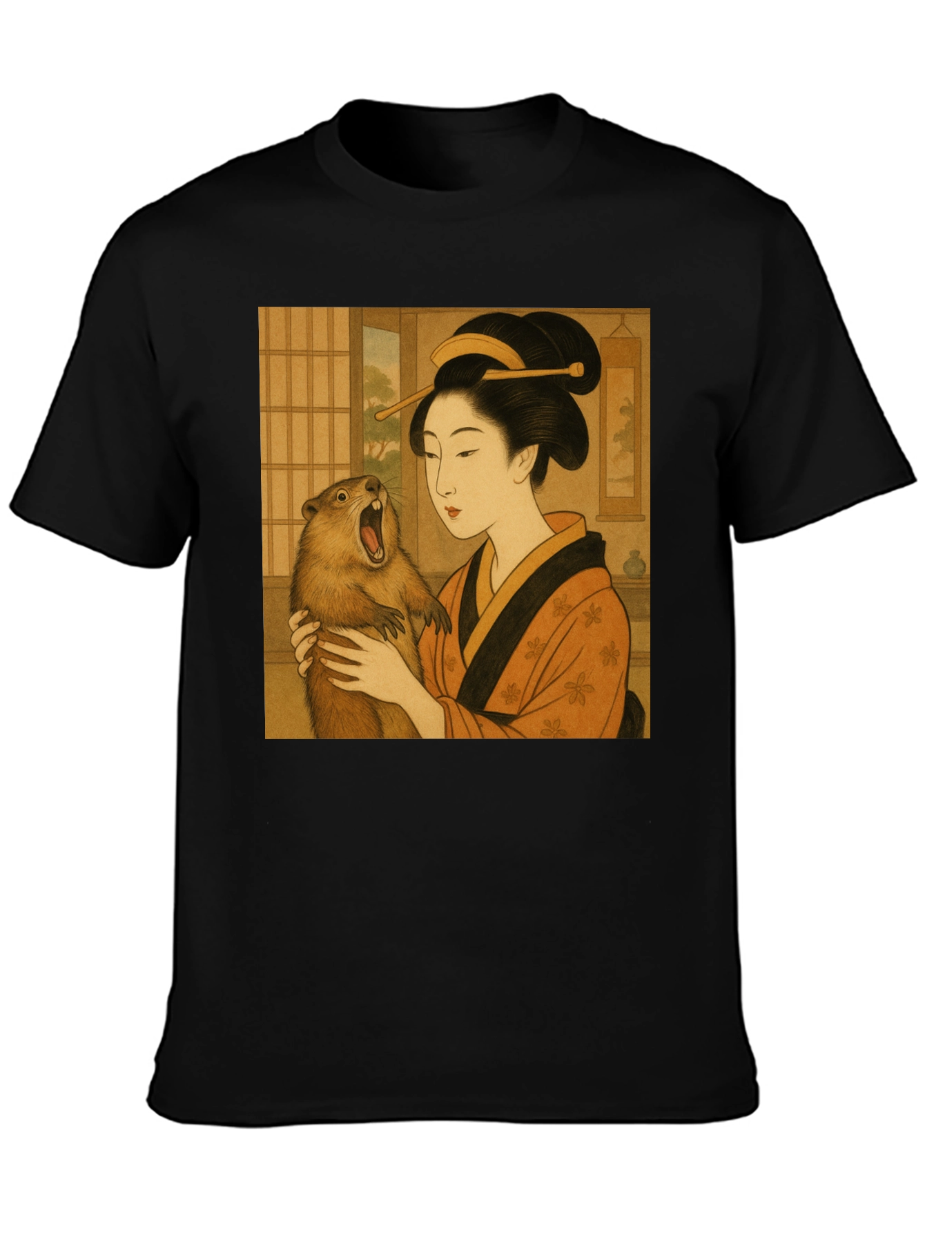 Geisha & Beaver Graphic Tee - Unique Art T-Shirt