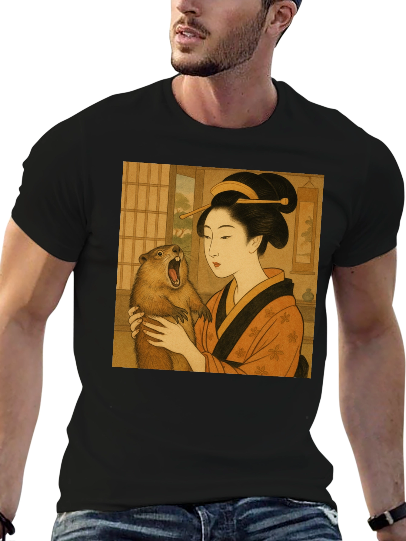 Geisha & Beaver Graphic Tee - Unique Art T-Shirt