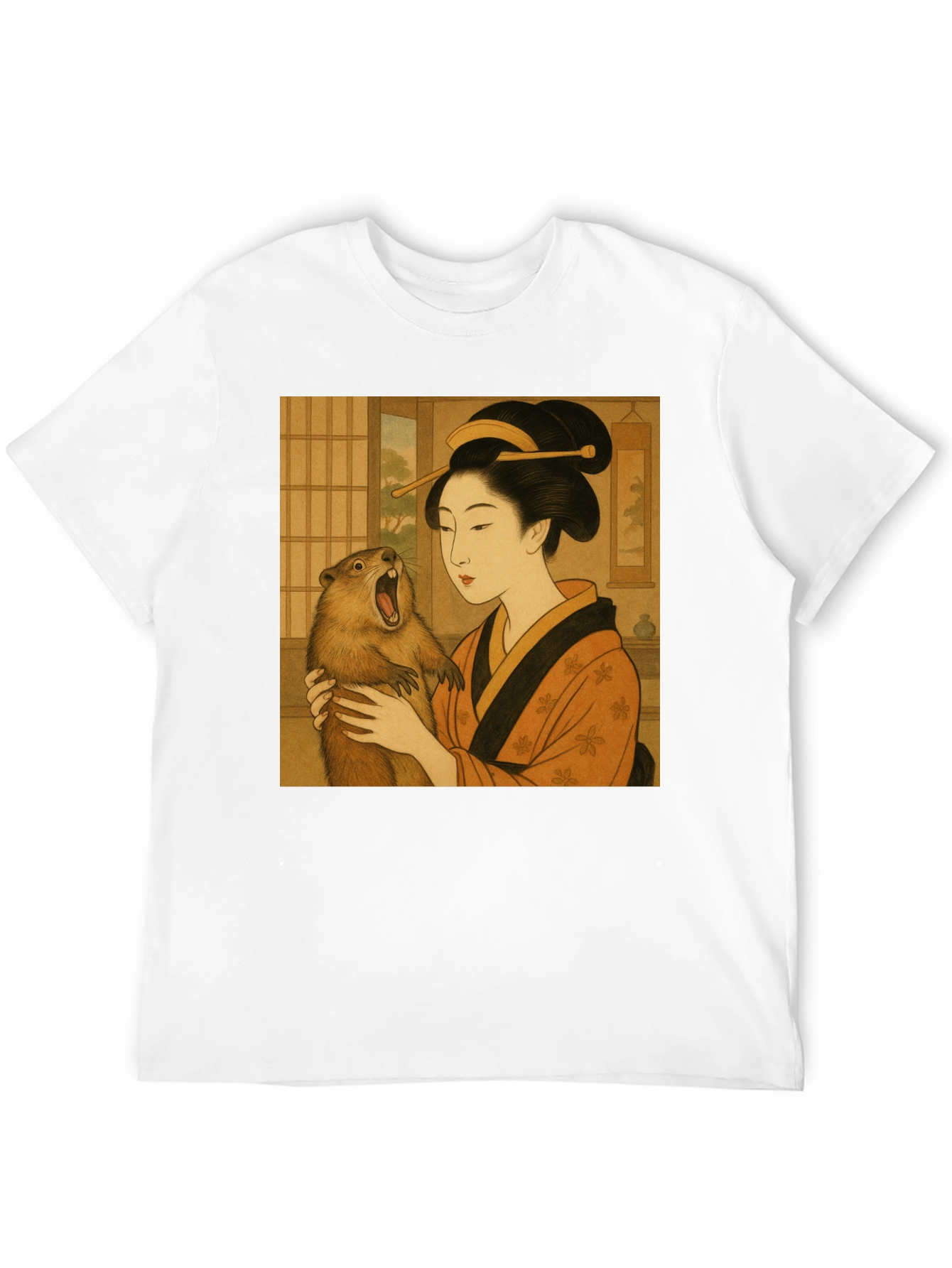 Geisha & Beaver Graphic Tee - Unique Art T-Shirt