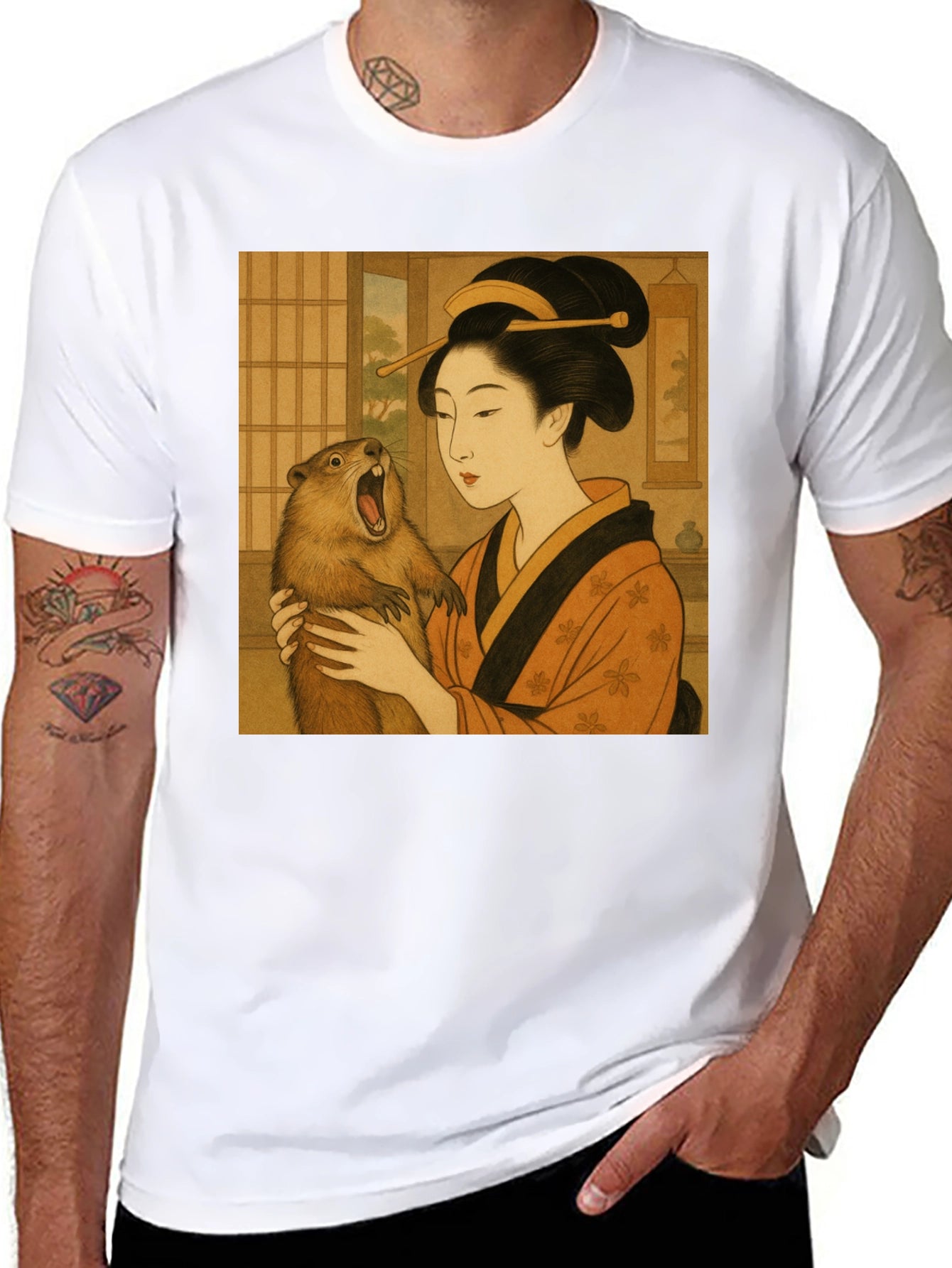 Geisha & Beaver Graphic Tee - Unique Art T-Shirt