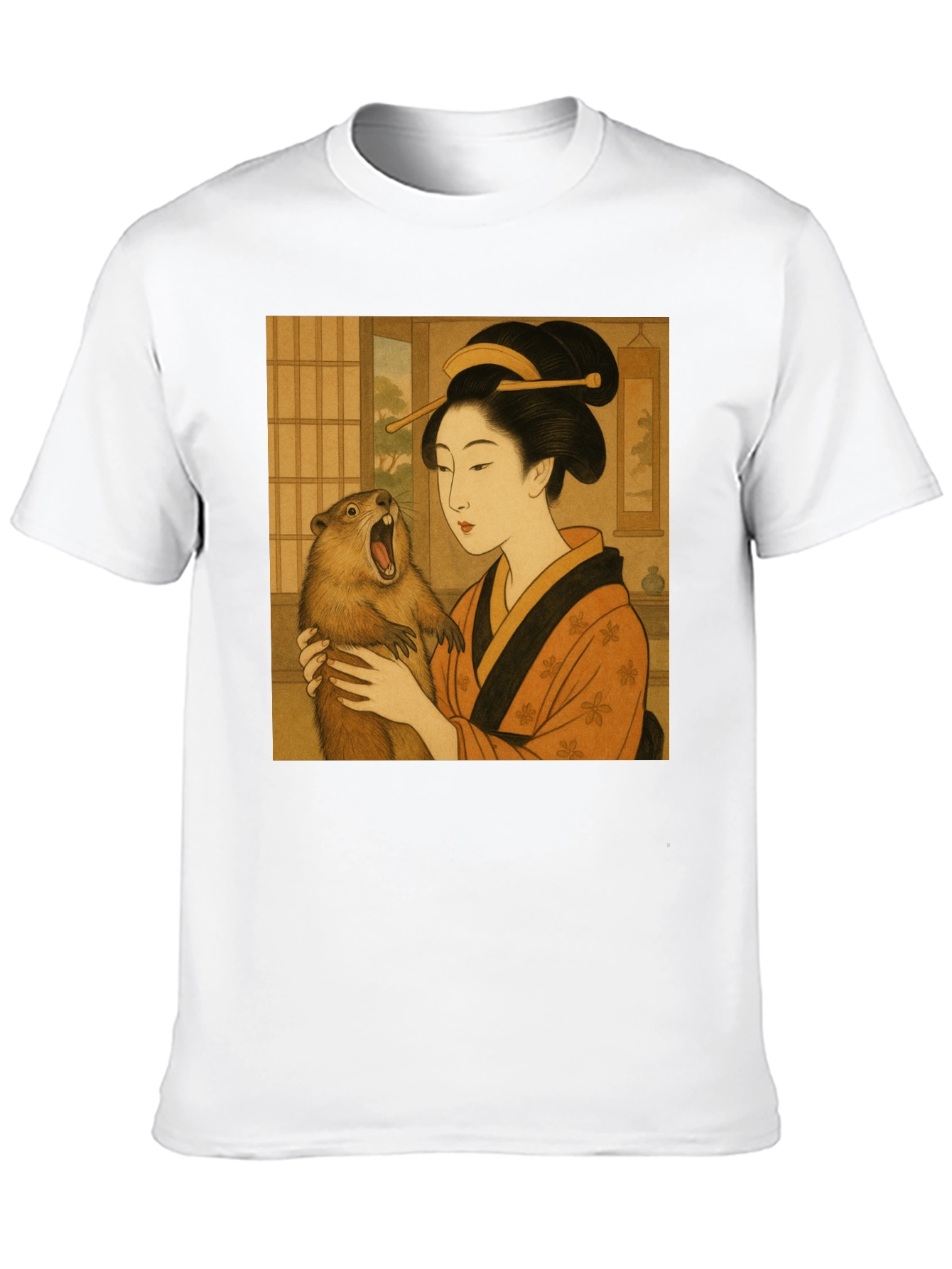 Geisha & Beaver Graphic Tee - Unique Art T-Shirt