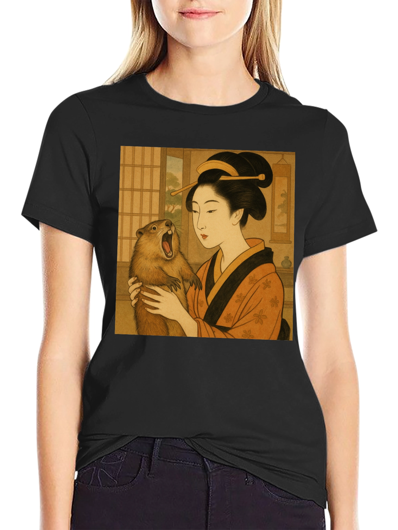 Geisha & Beaver Graphic Tee - Unique Art T-Shirt