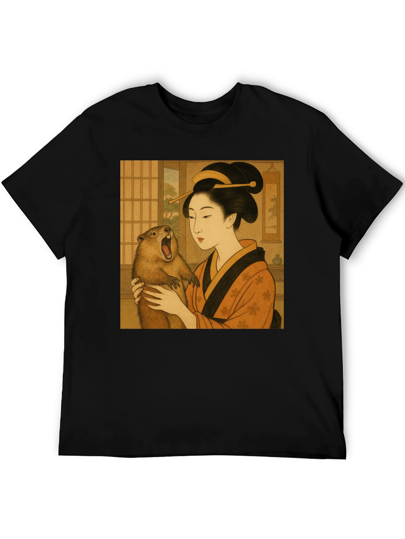 Geisha & Beaver Graphic Tee - Unique Art T-Shirt